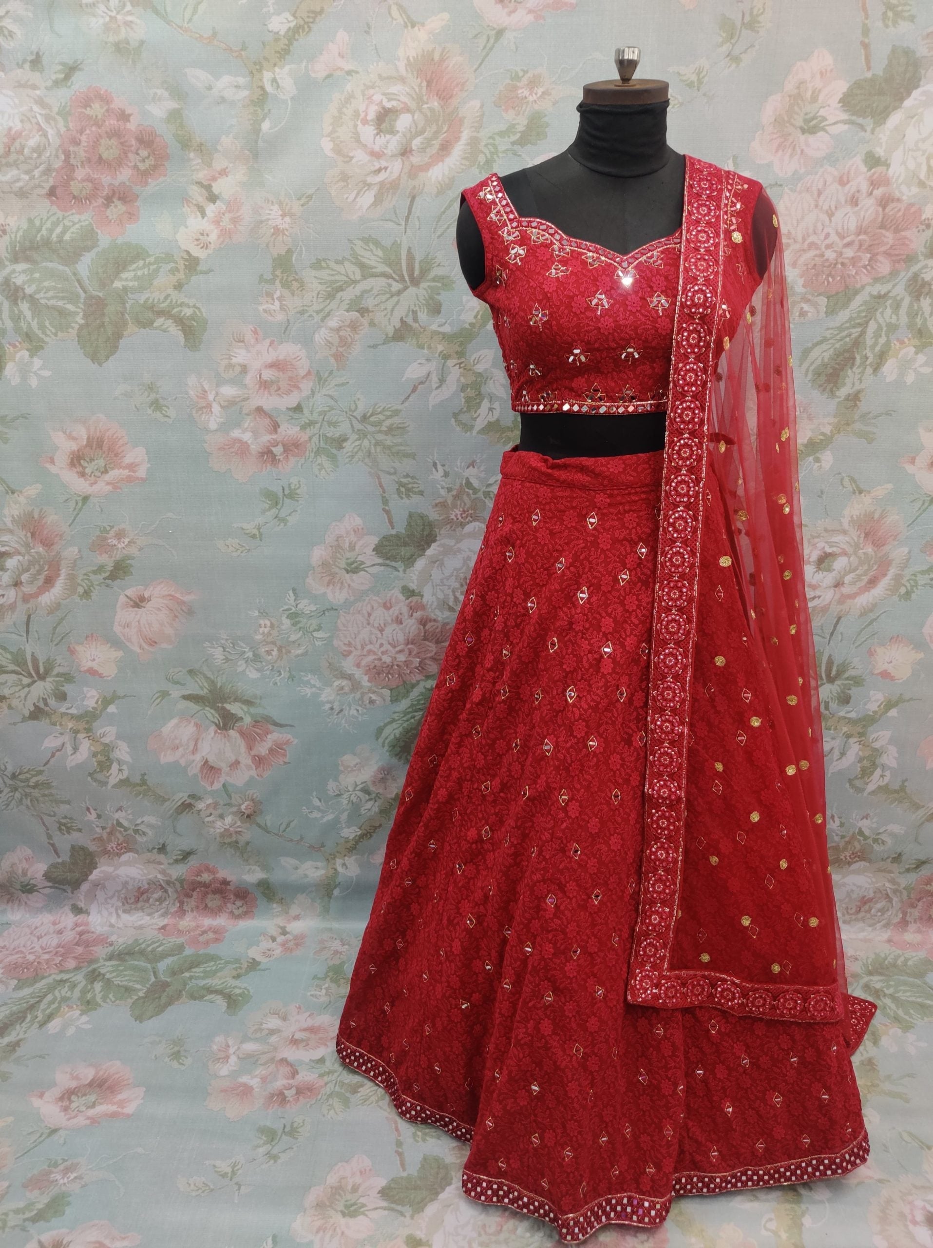 Party wear Embroidered Chikankari Lehenga in Red colour - Premium Partywear Lehenga from Dulhan Exclusives - Just $249! Shop now at Dulhan Exclusives