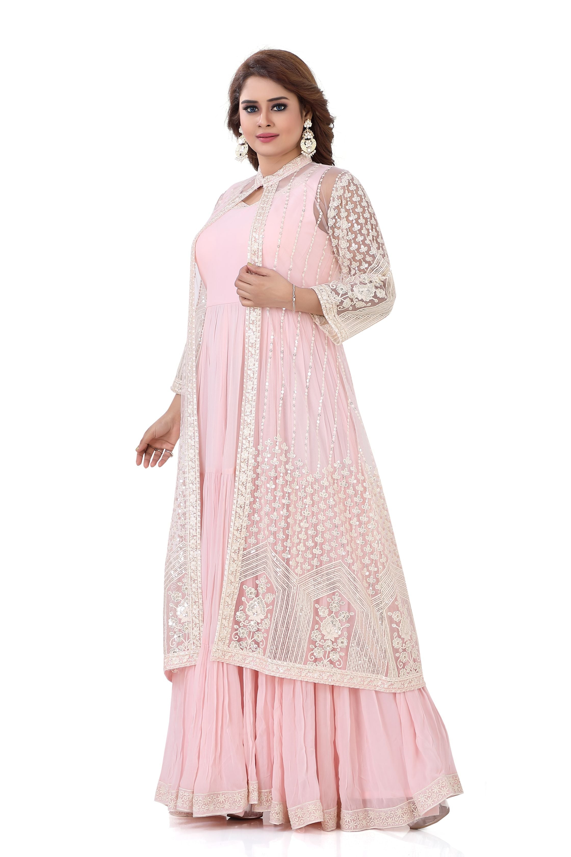 Indo western thread embroidery Gown in Light Pink