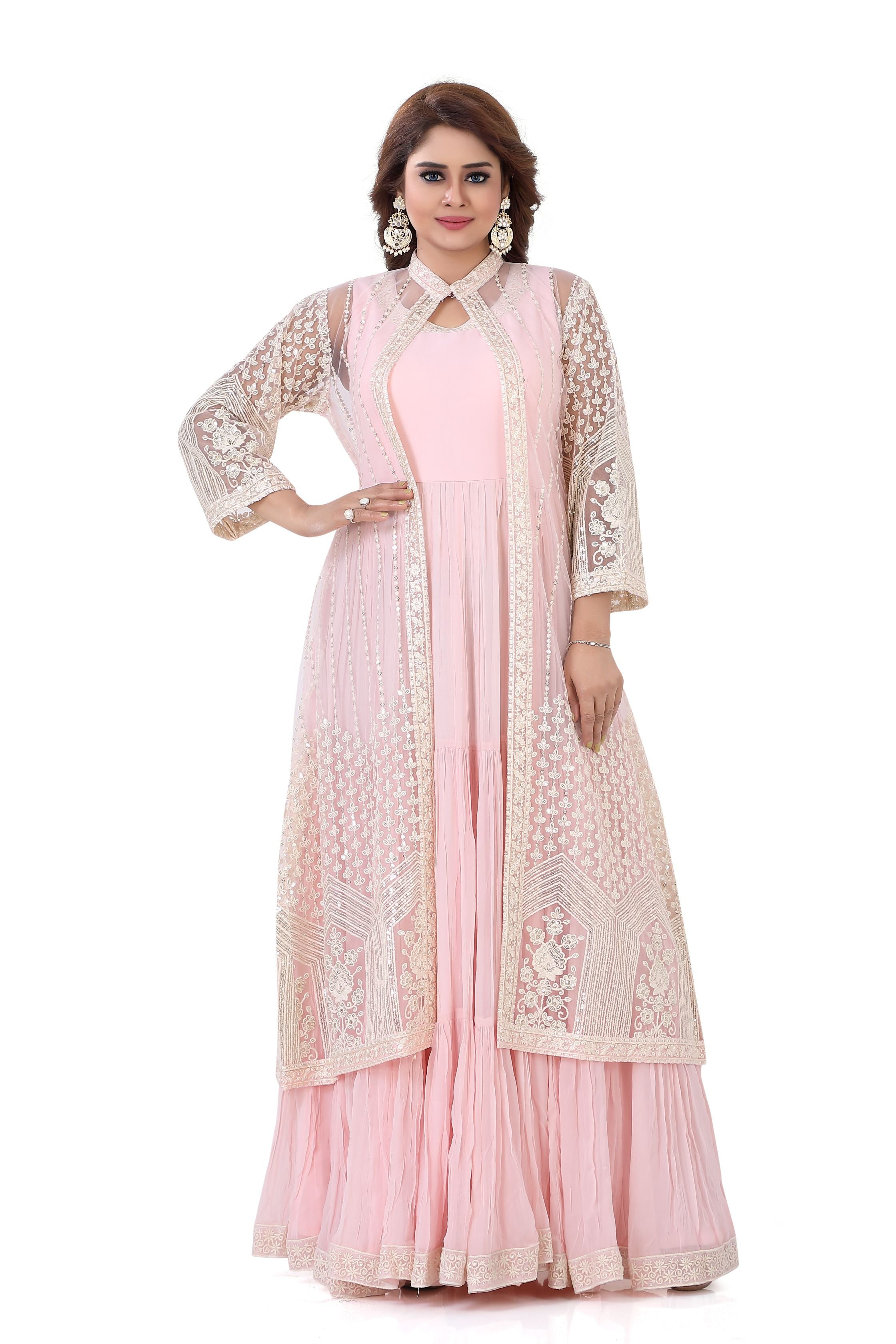 Indo western thread embroidery Gown in Light Pink