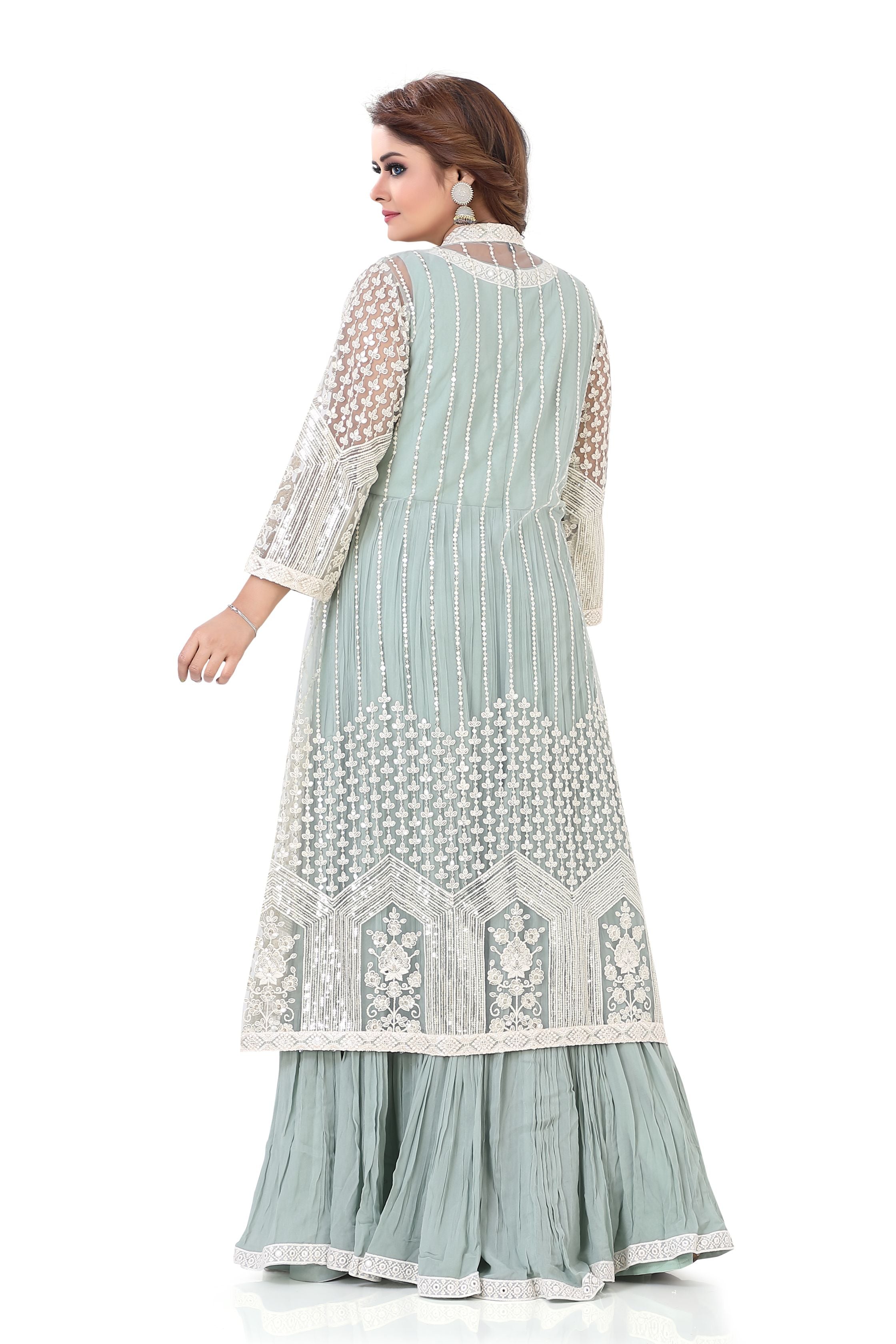 Indo western thread embroidery Gown in Sage Green