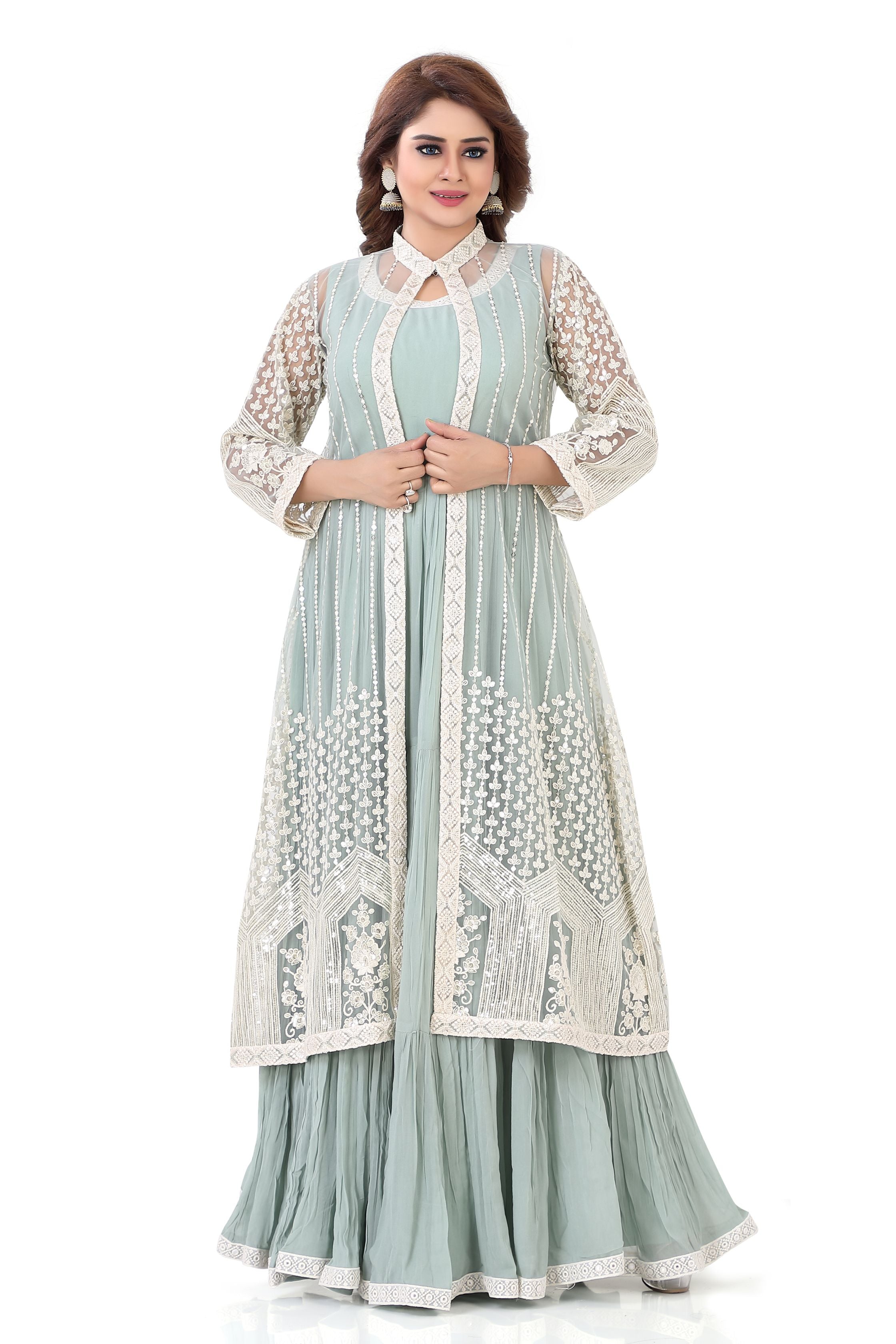 Indo western thread embroidery Gown in Sage Green