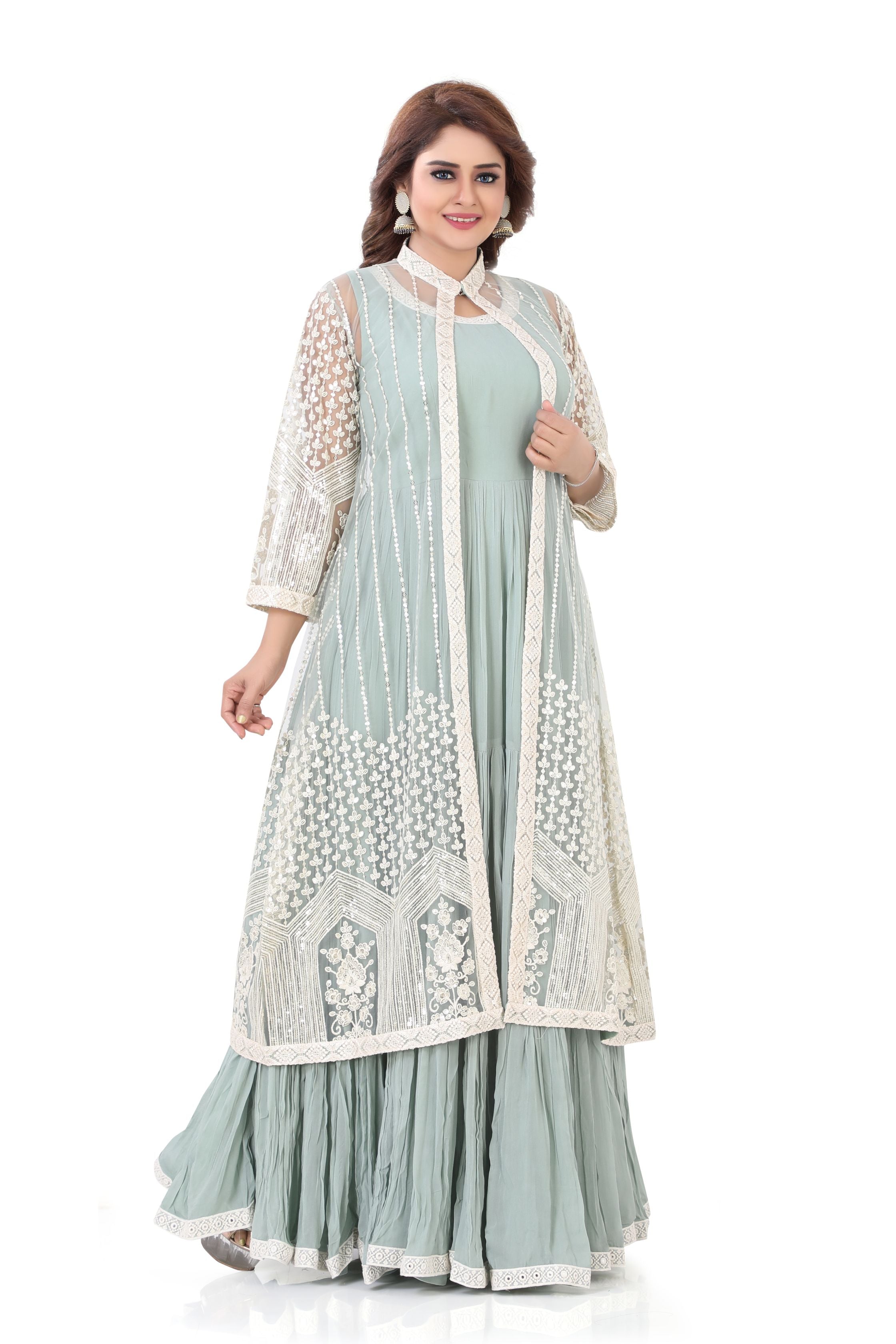 Indo western thread embroidery Gown in Sage Green