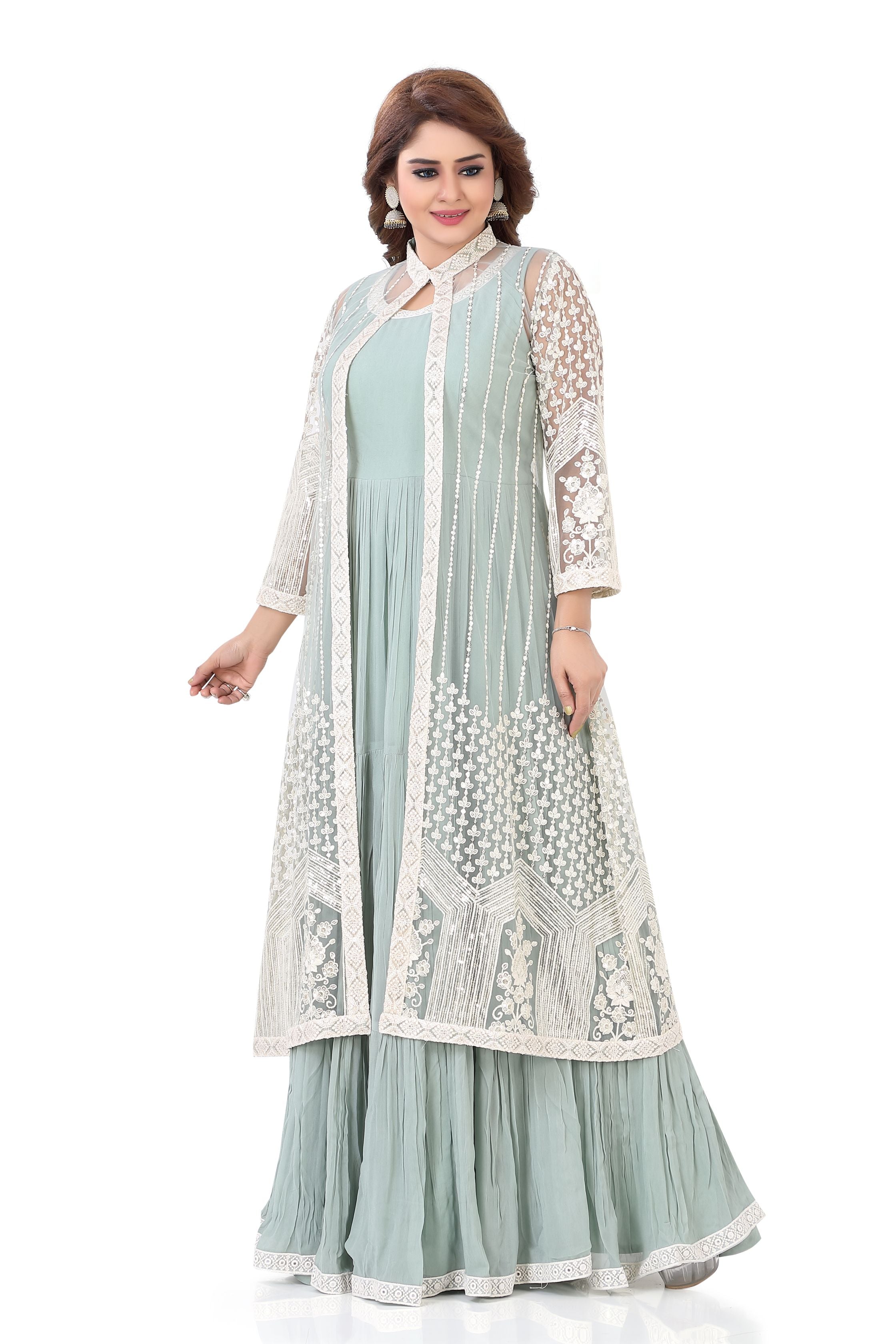 Indo western thread embroidery Gown in Sage Green