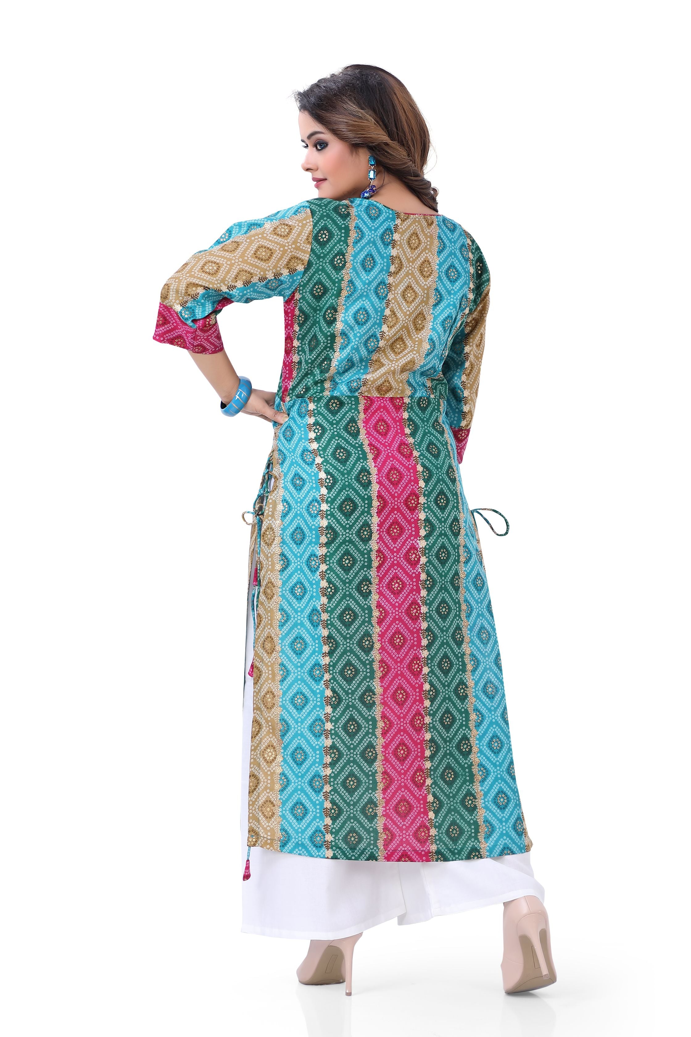 Nayra cut cotton long Kurti top in Multi Colour Bandhani print – Dulhan  Exclusives
