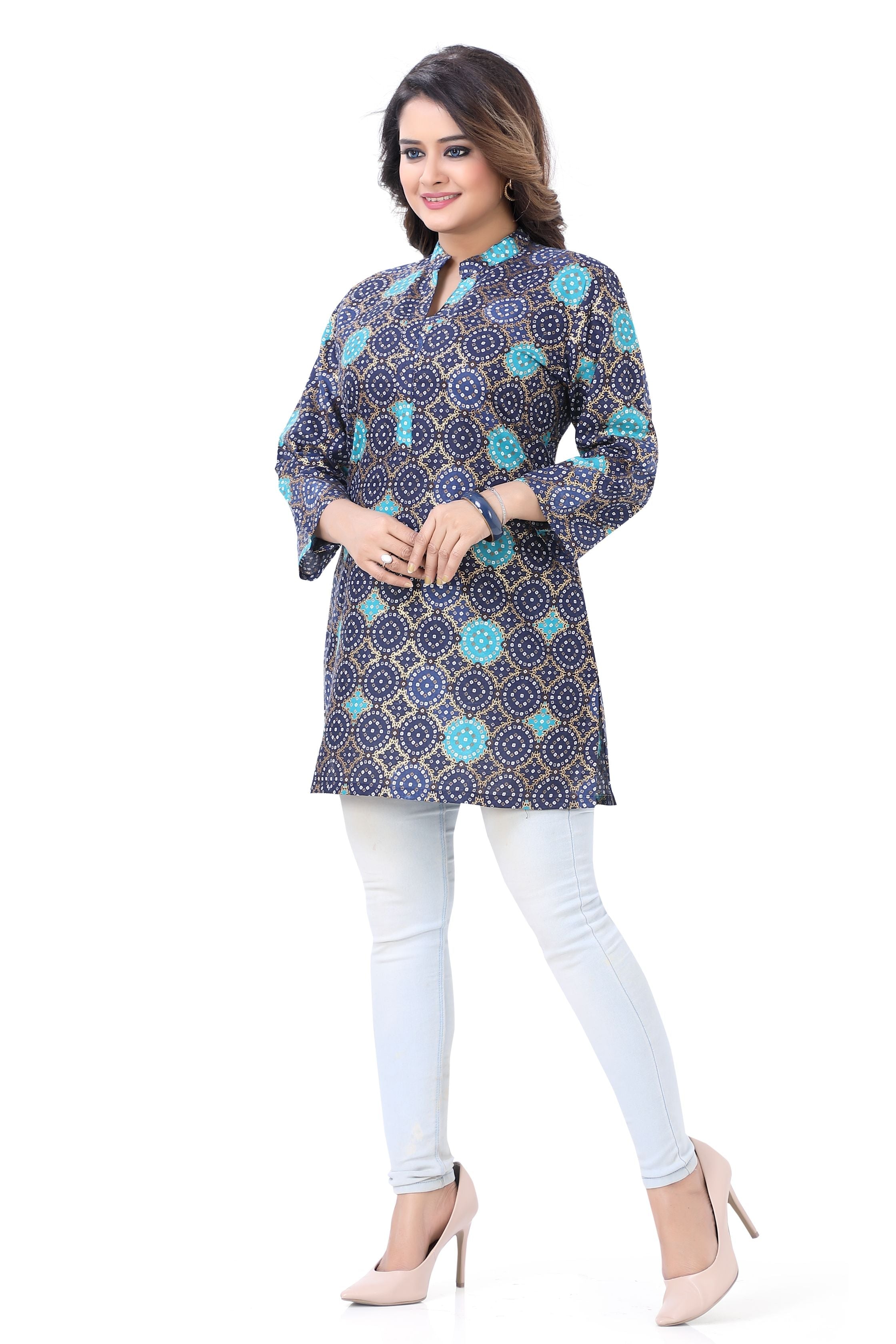 Blue Colour Bandhani Short Kurti Top