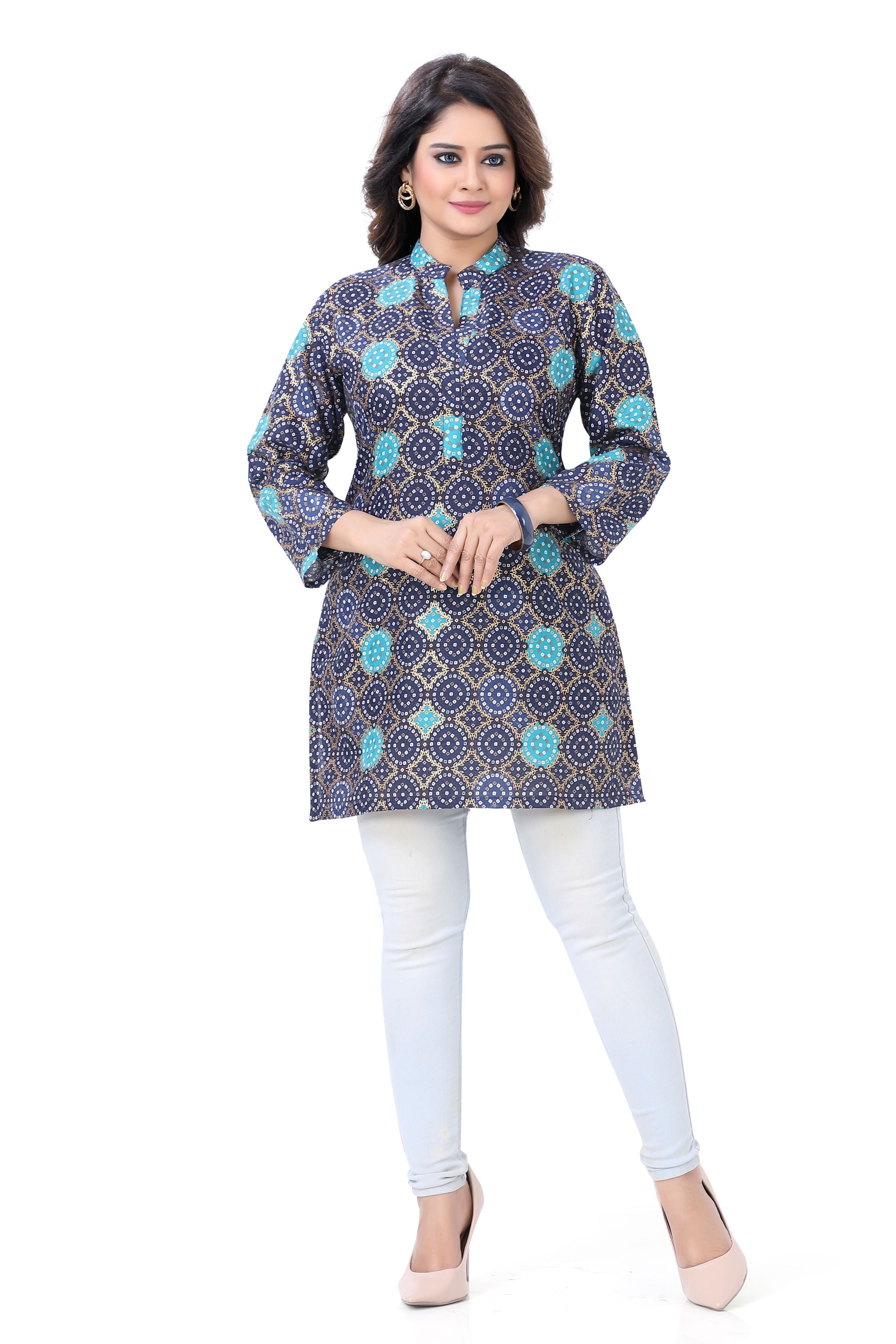 Blue Colour Bandhani Short Kurti Top