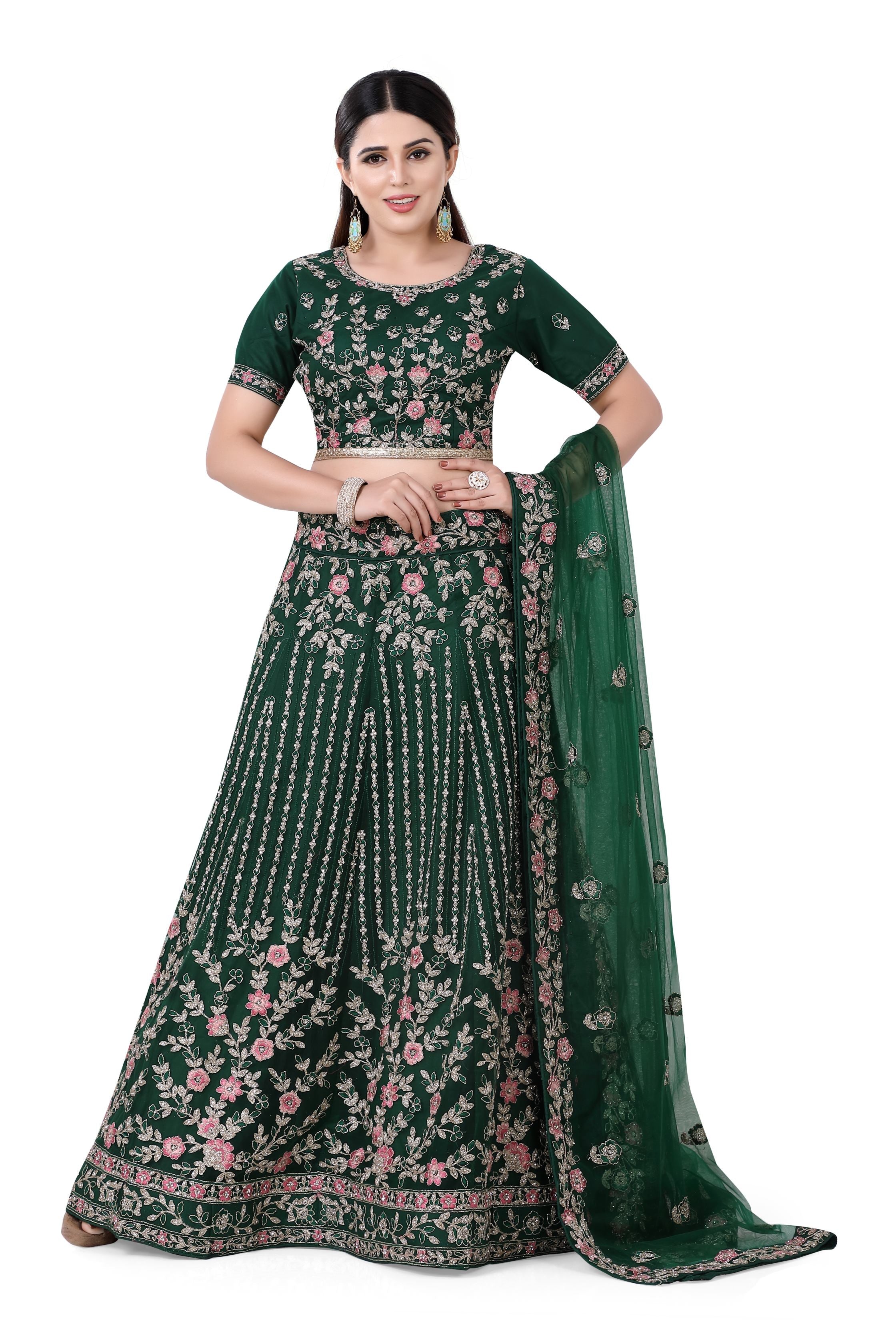 Bottle Green Net Lehenga Choli