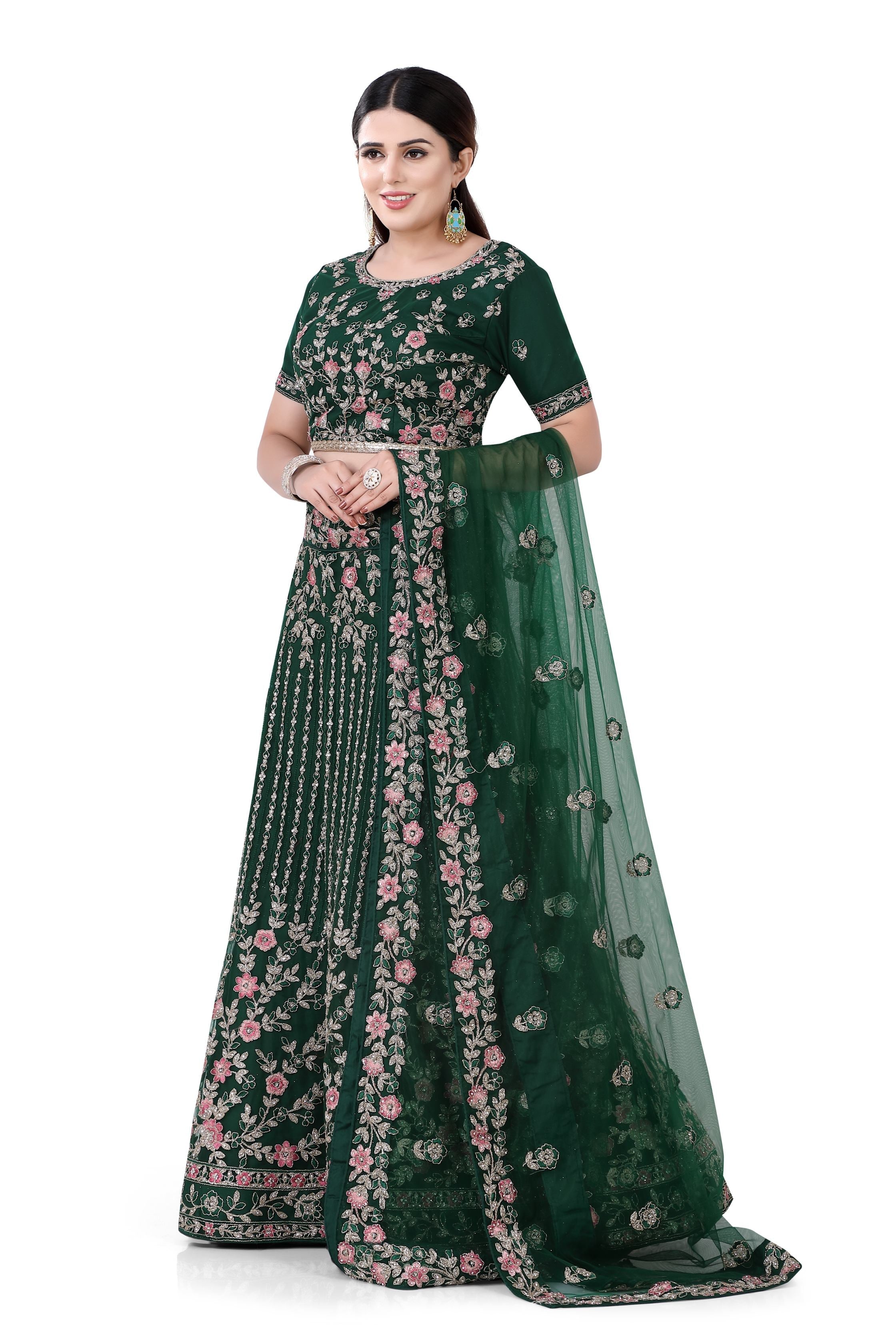 Bottle Green Net Lehenga Choli