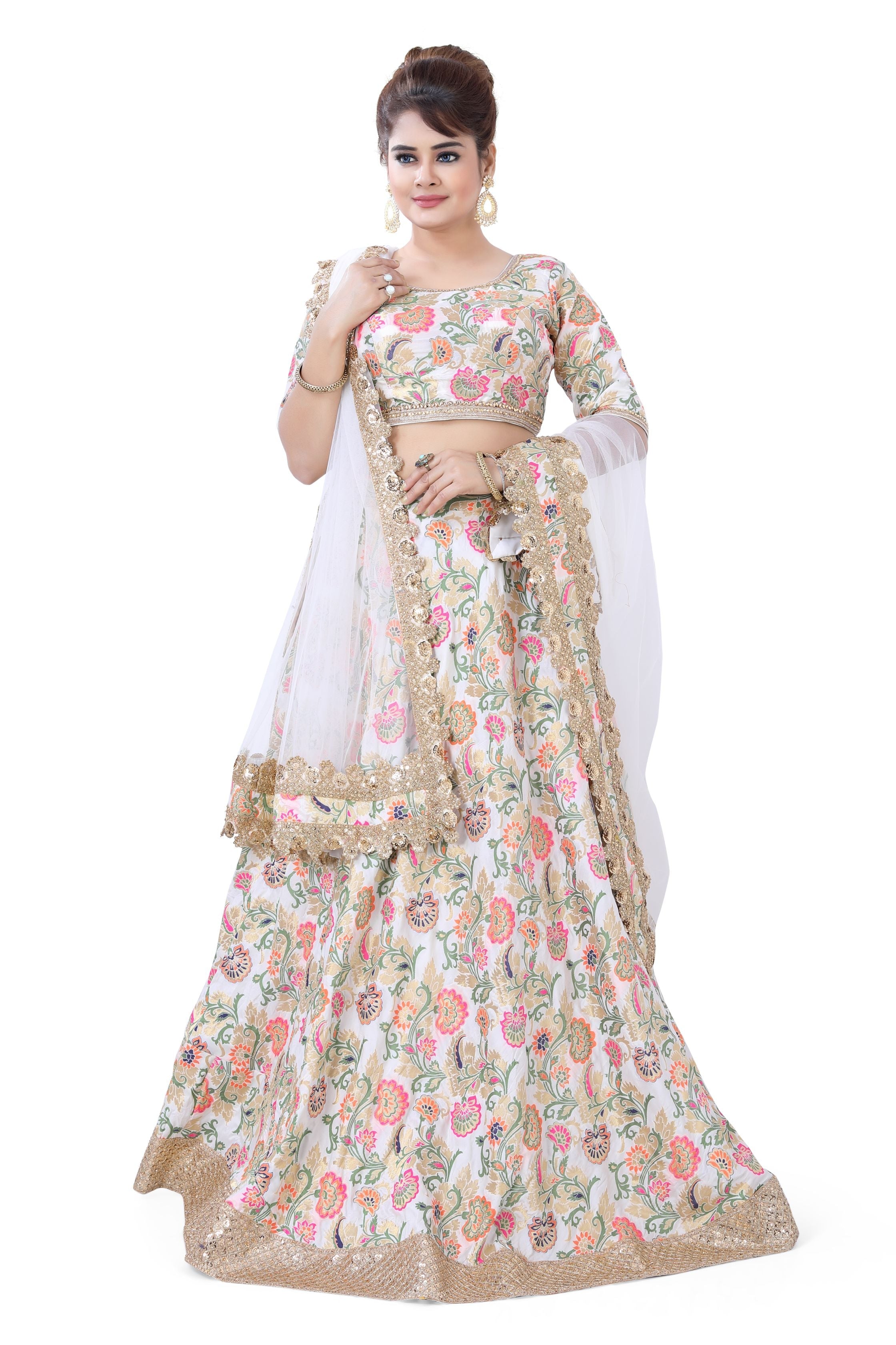 Banarasi Floral party Wear Lehenga Choli in  White Colour