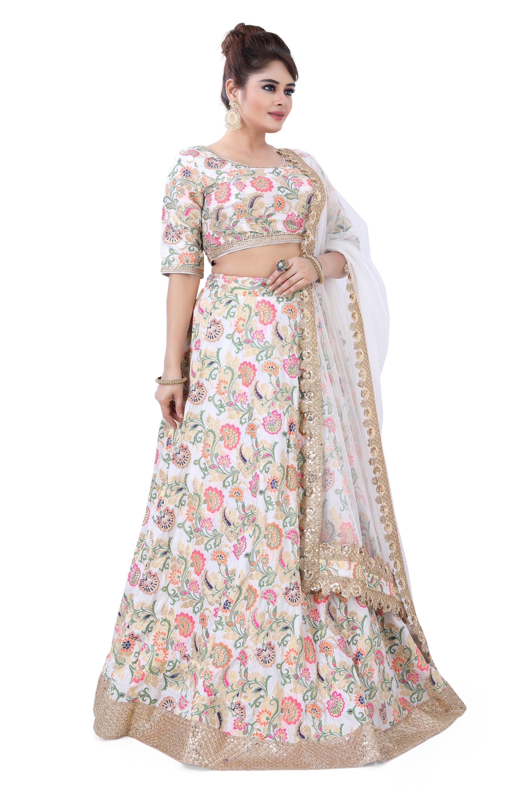 Banarasi Floral party Wear Lehenga Choli in  White Colour