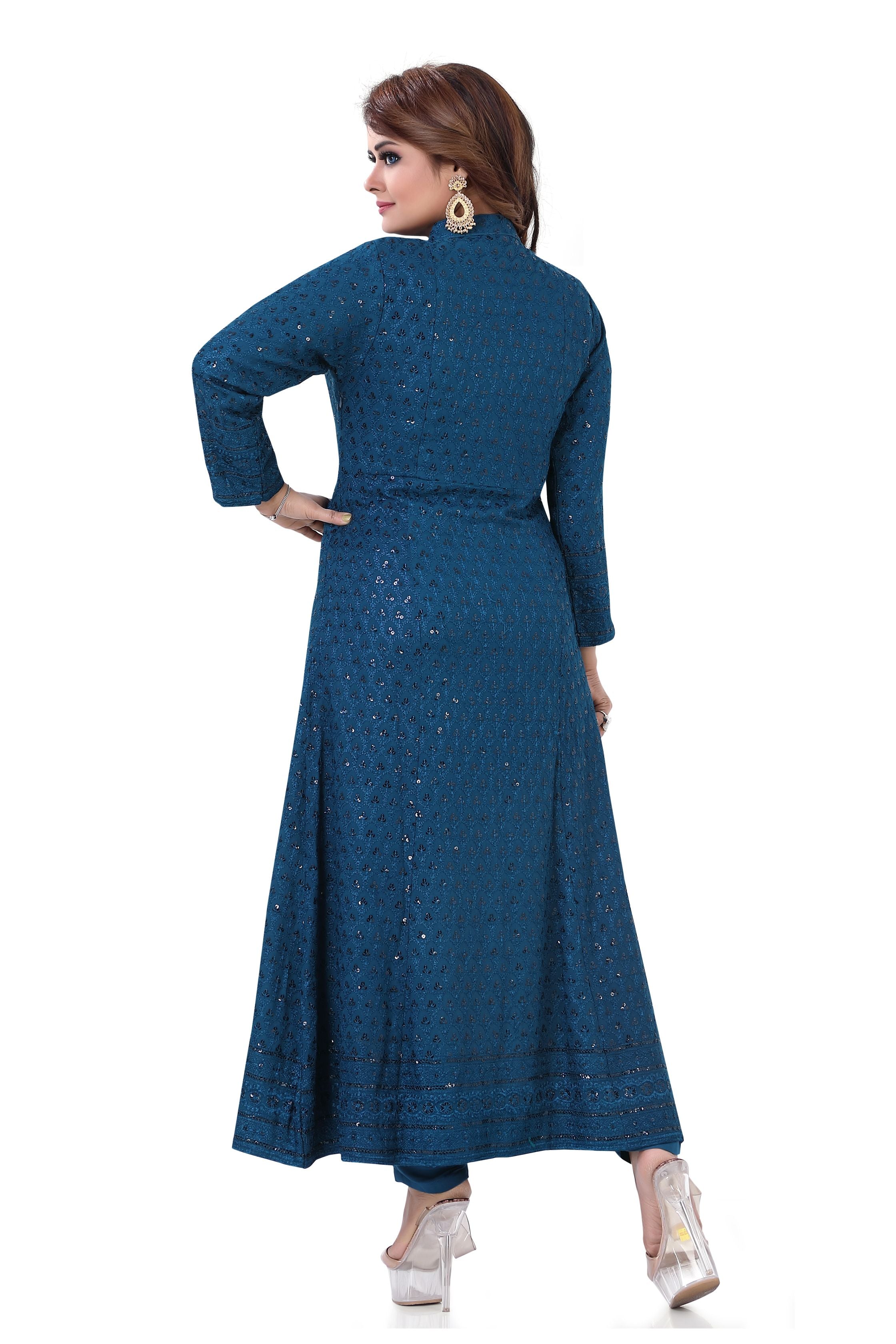 Long Chikankari Dress  in Peacock blue