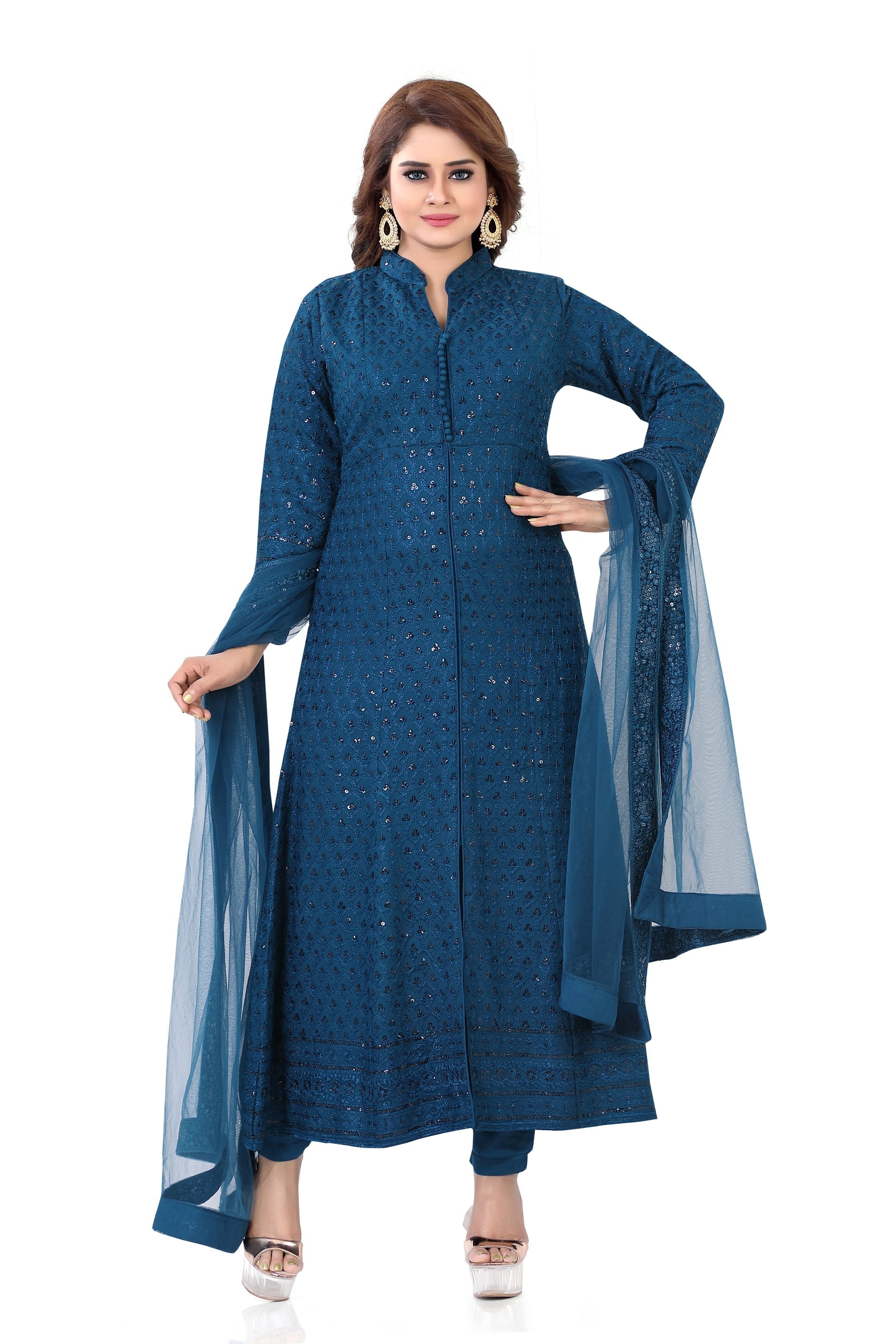 Long Chikankari Dress  in Peacock blue