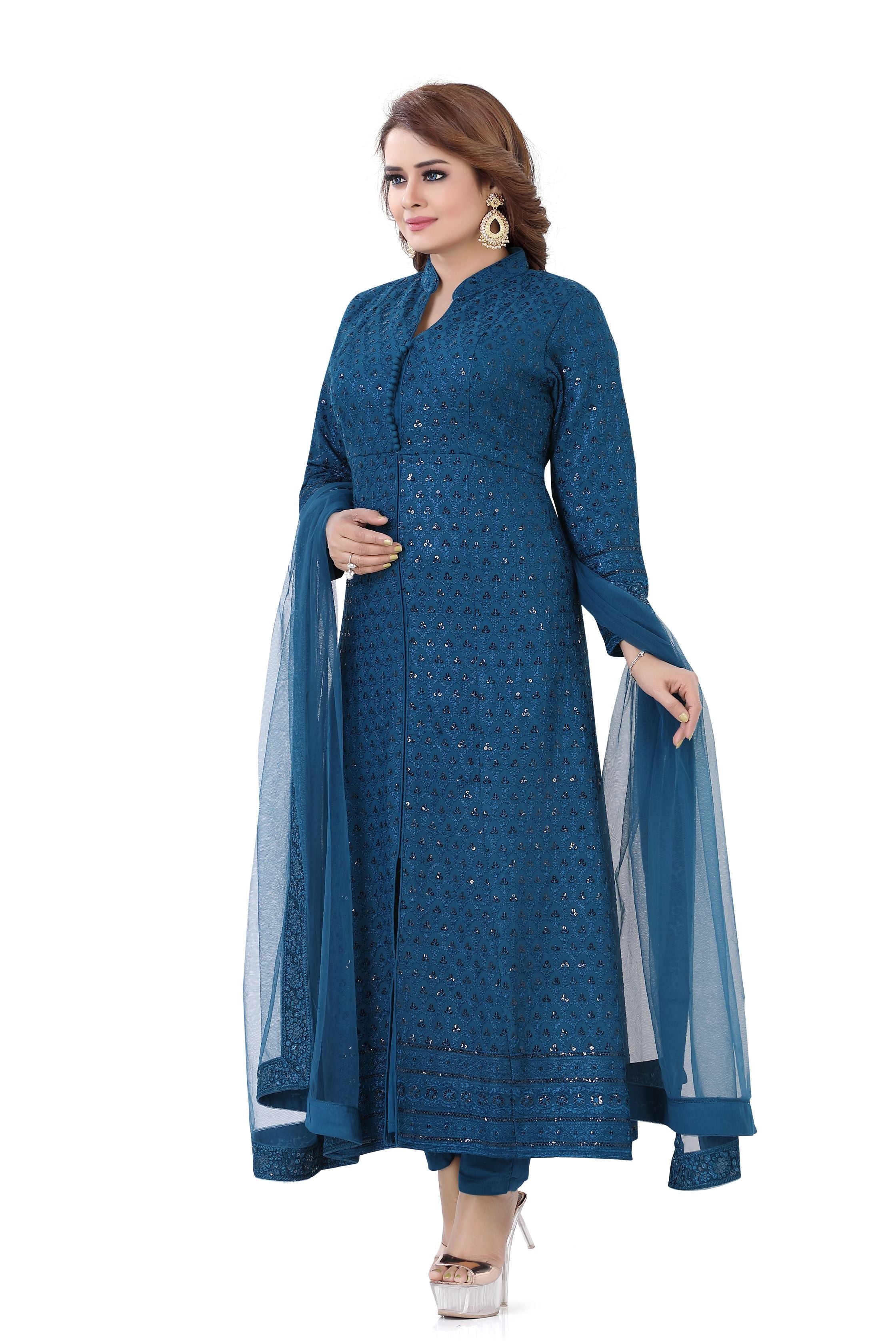 Long Chikankari Dress  in Peacock blue