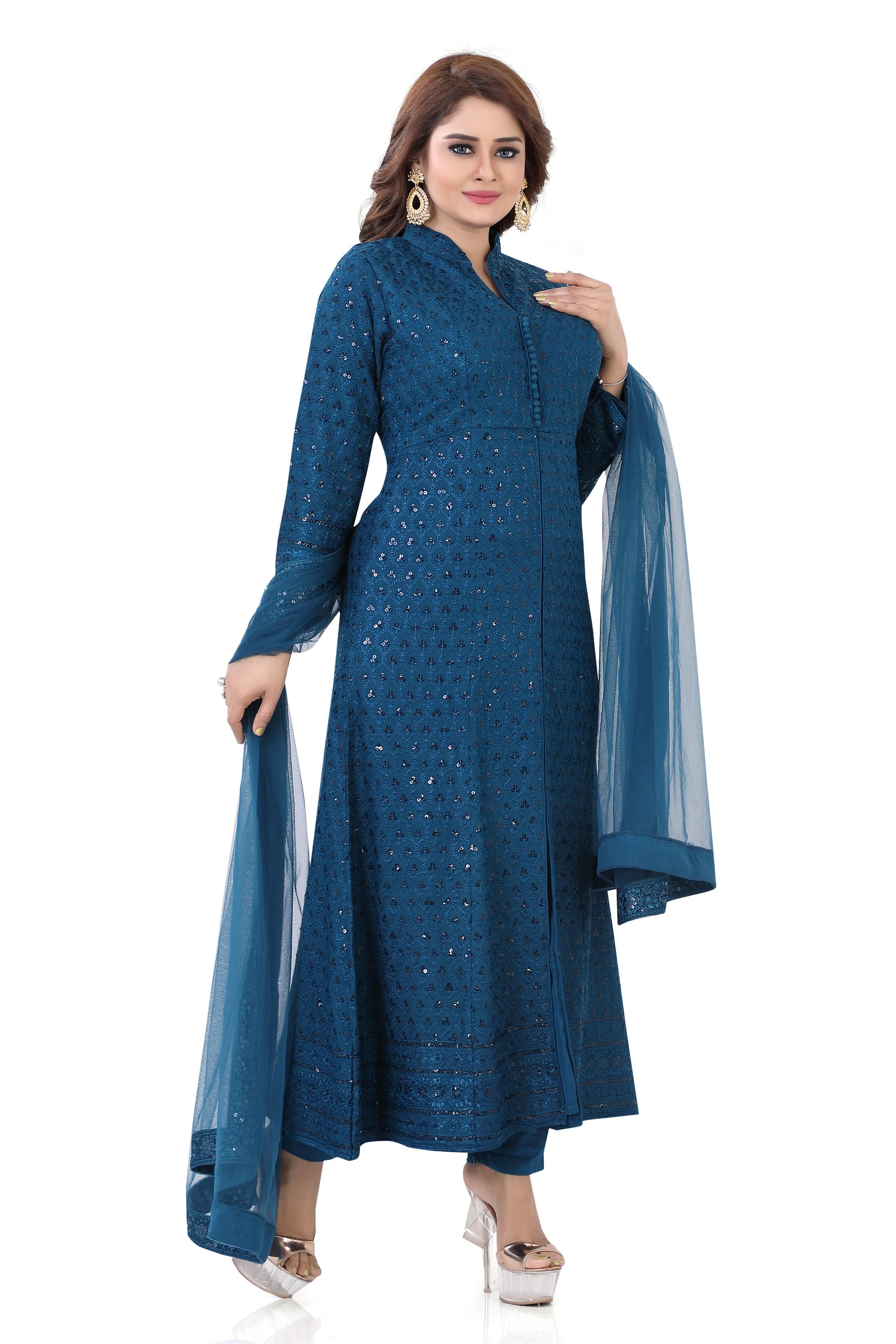 Long Chikankari Dress  in Peacock blue