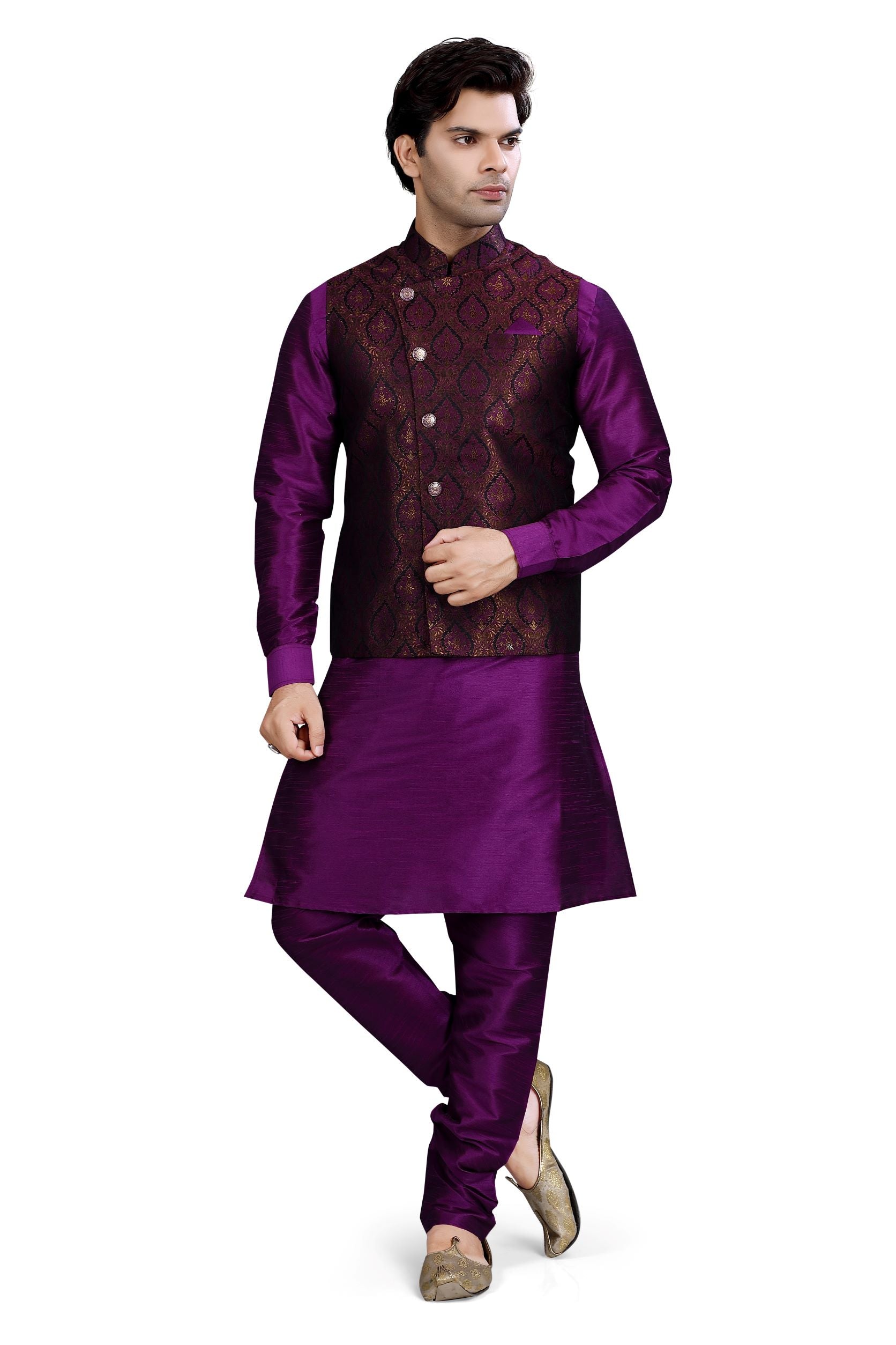 Purple Banarasi Kinkhab 3 pieces Vest coat suit