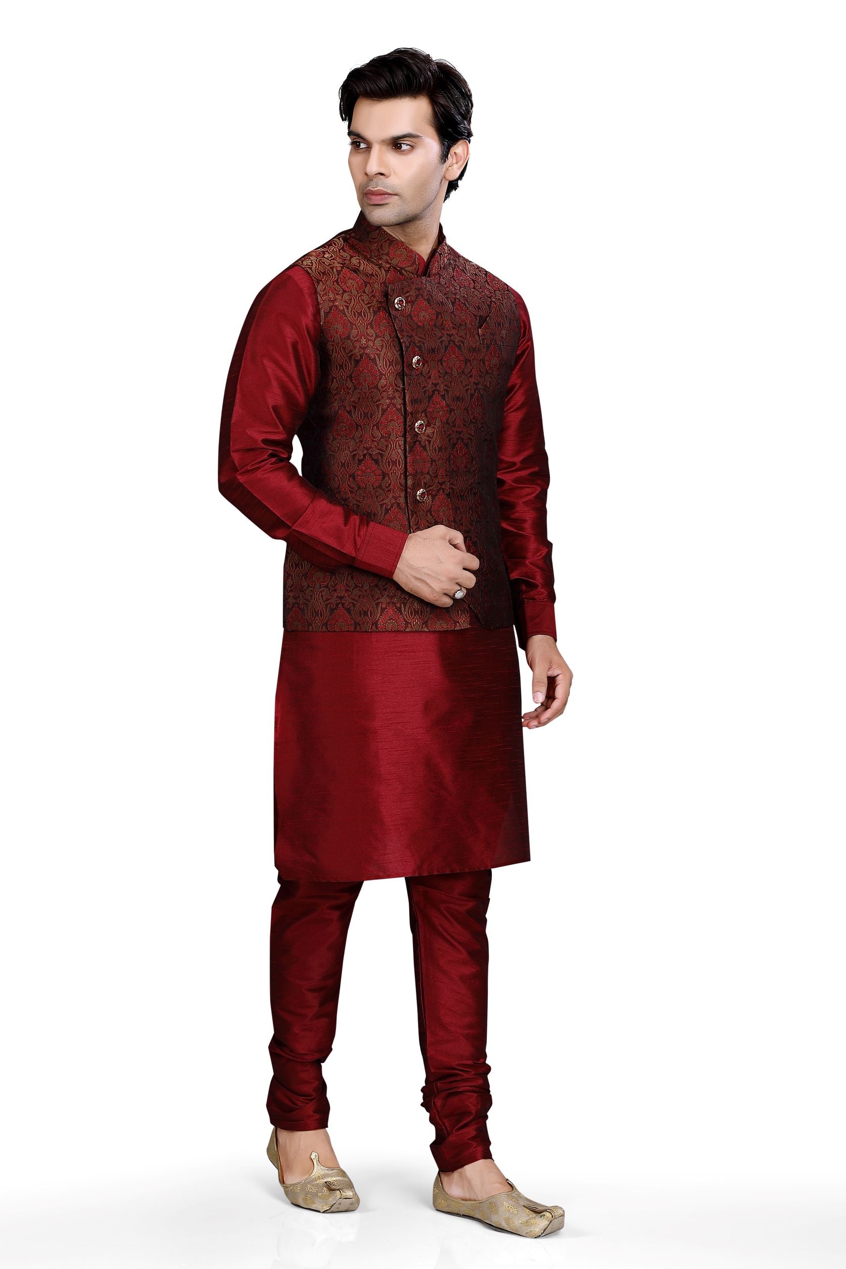Banaras Kinkhab Maroon Vest Coat with Maroon Kurta Pajama