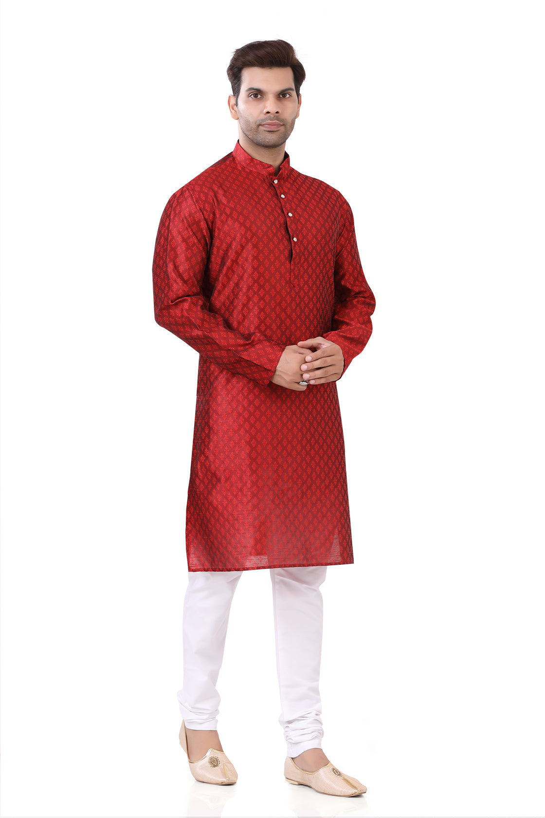 Plus size Self Jacquard Kurta pajama set in Red