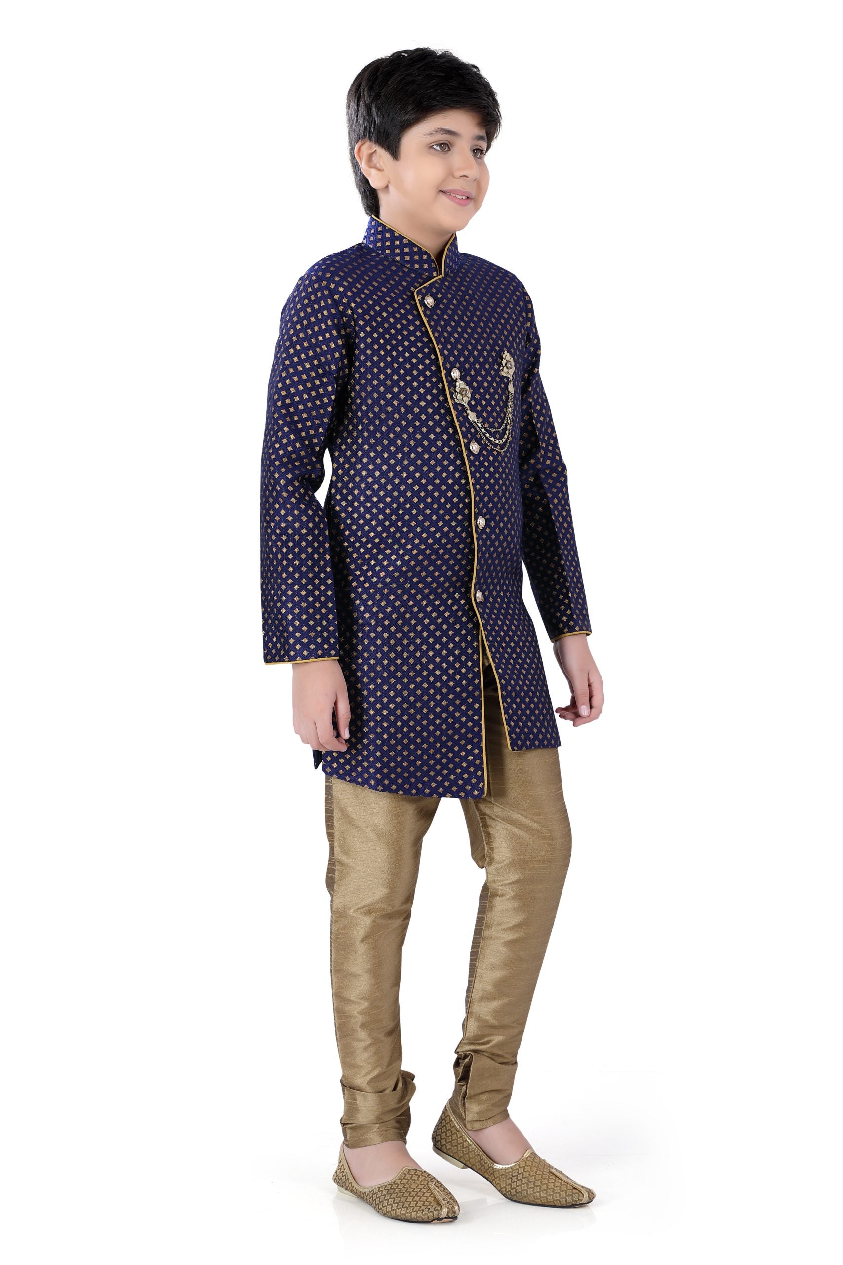 Boys Indo-western Dark Blue with Golden Print and Golden Lower