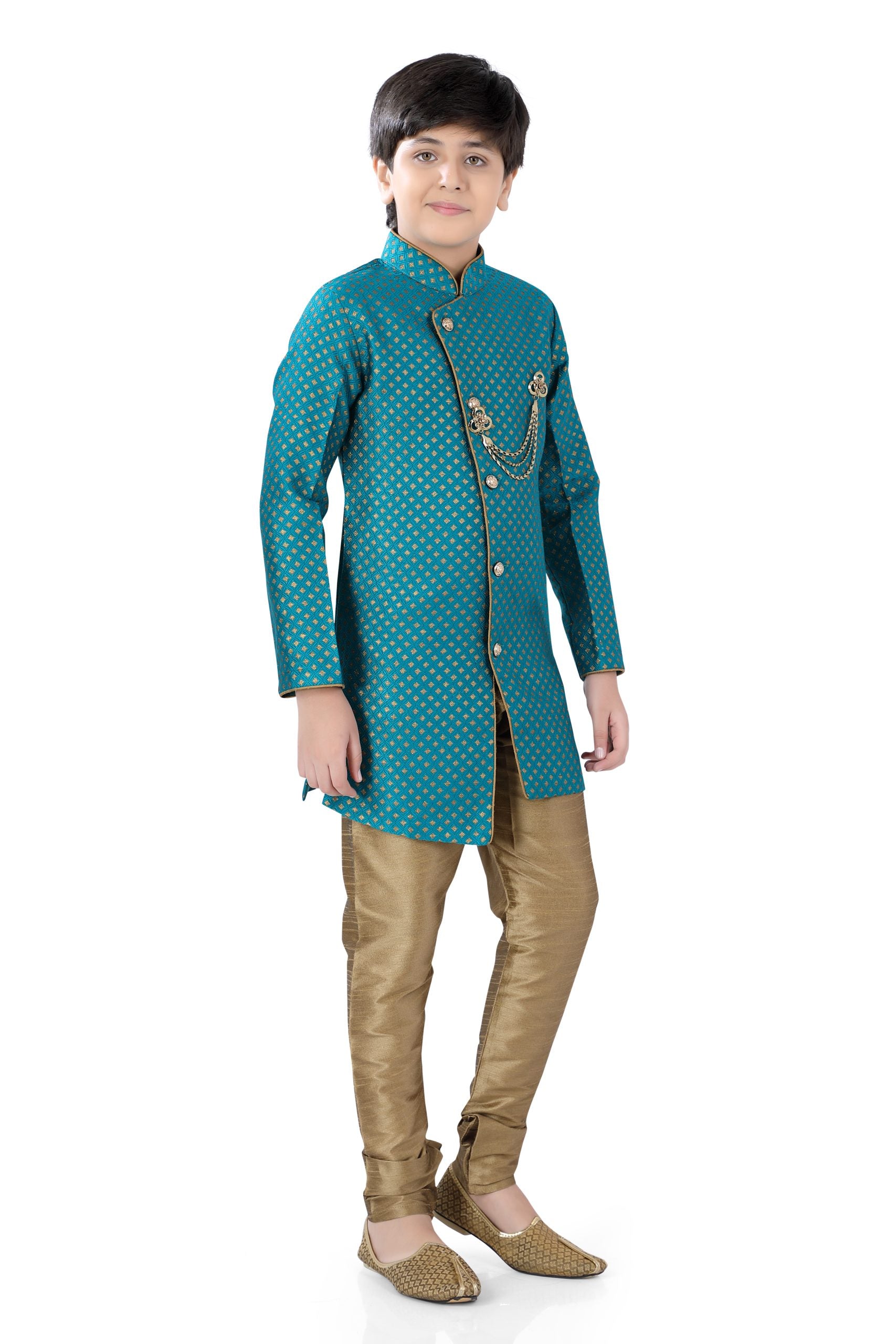 Boys Indo-western Teal with Gold weaving