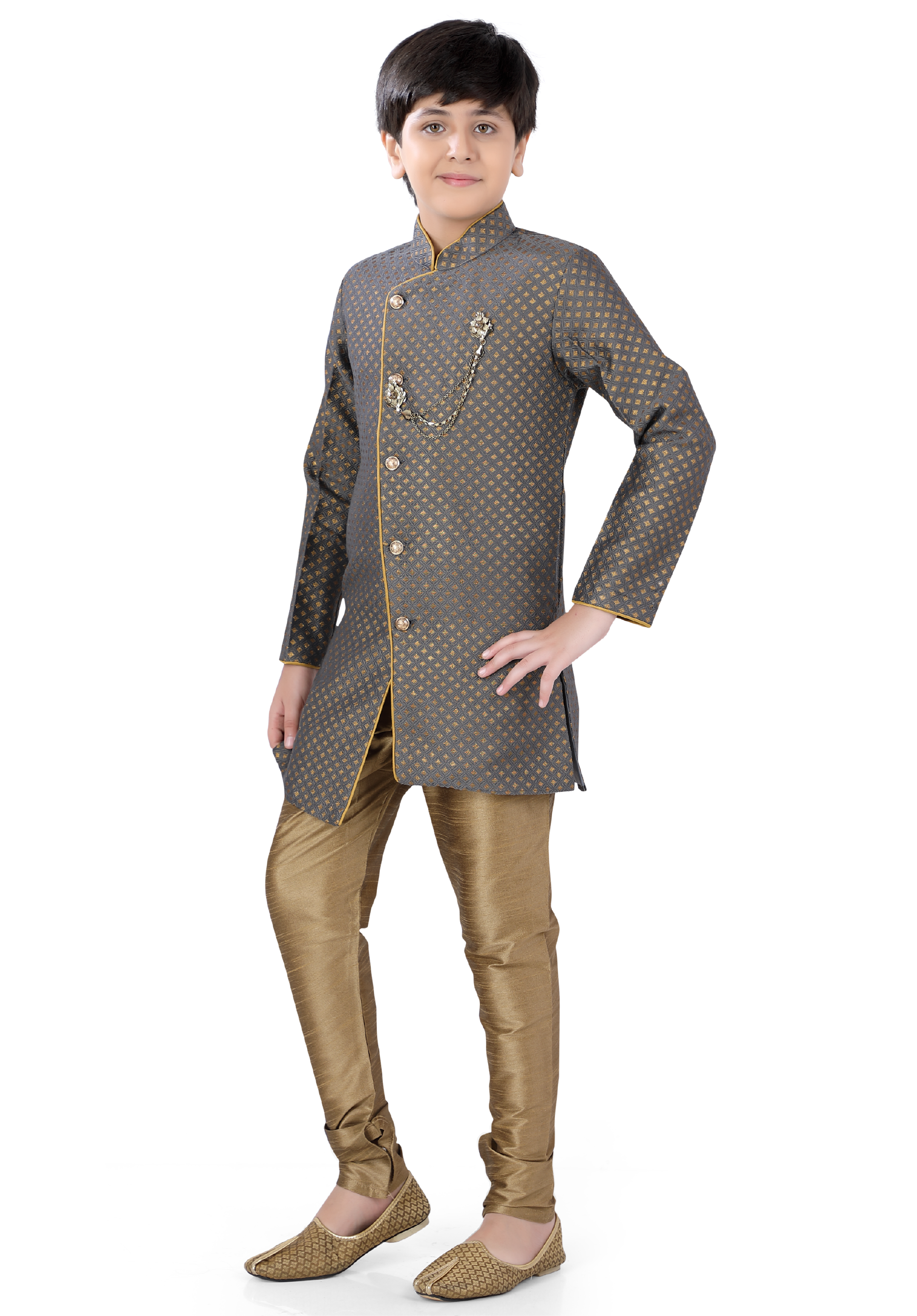 Boys Indo-western Dark Grey with Golden Print and Golden Churidar - Premium 2 Pieces Indo western from Dapper Ethnic - Just $75! Shop now at Dulhan Exclusives