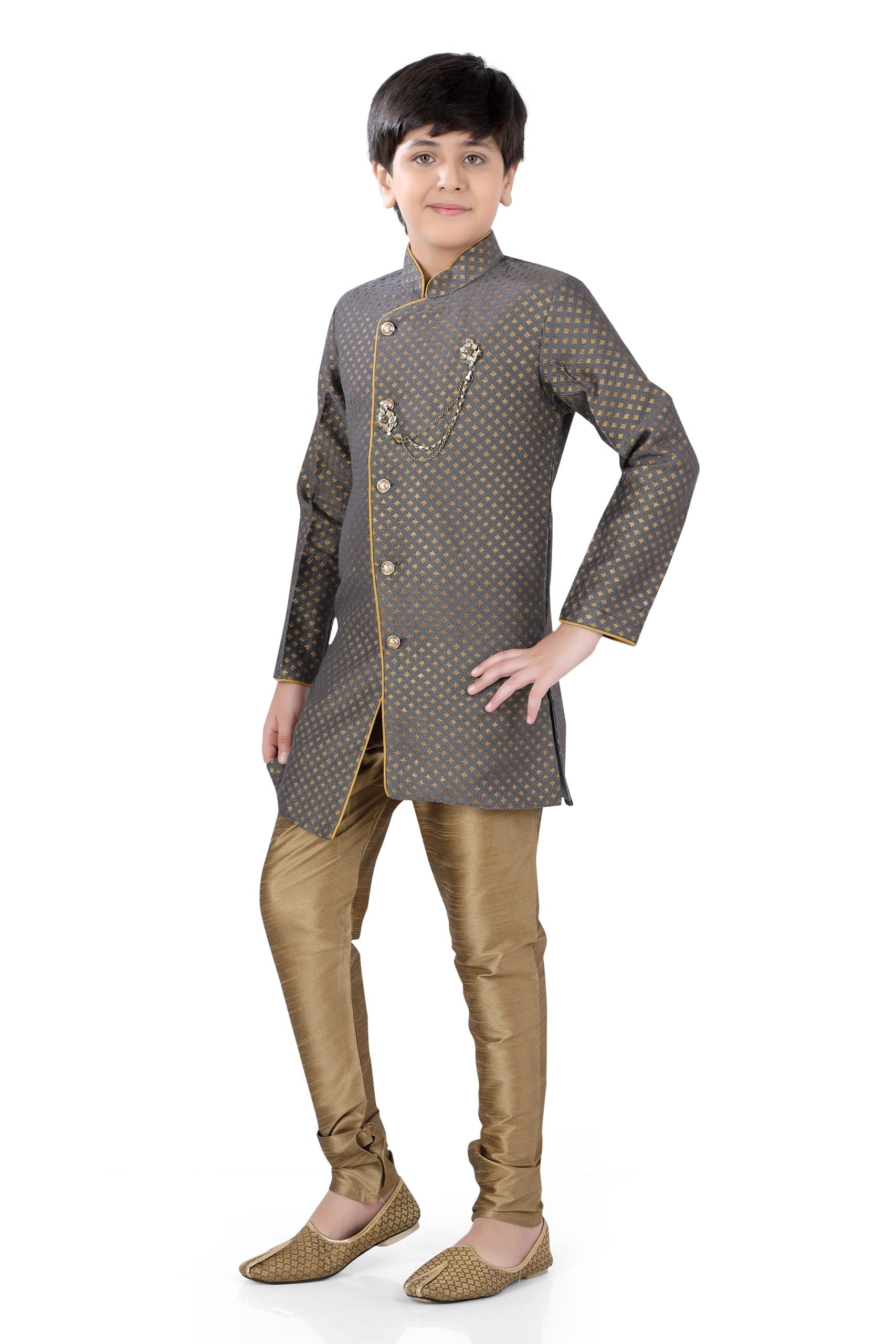 Boys Indo-western Dark Grey with Golden weaving - Premium Festive Wear from Dulhan Exclusives - Just $75! Shop now at Dulhan Exclusives