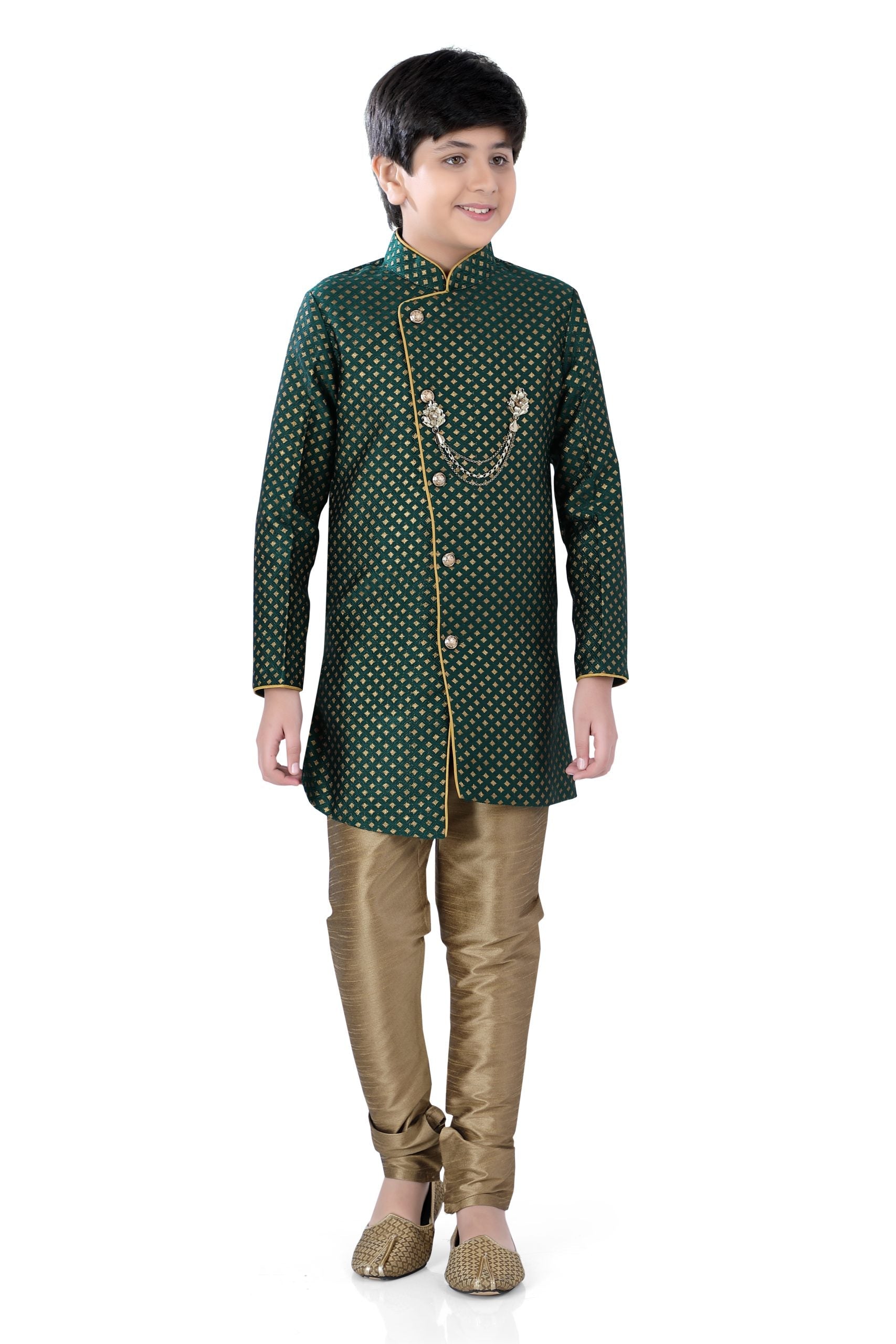 Boys Indo-western Bottle Green with Gold weaving - Premium Festive Wear from Dulhan Exclusives - Just $75! Shop now at Dulhan Exclusives