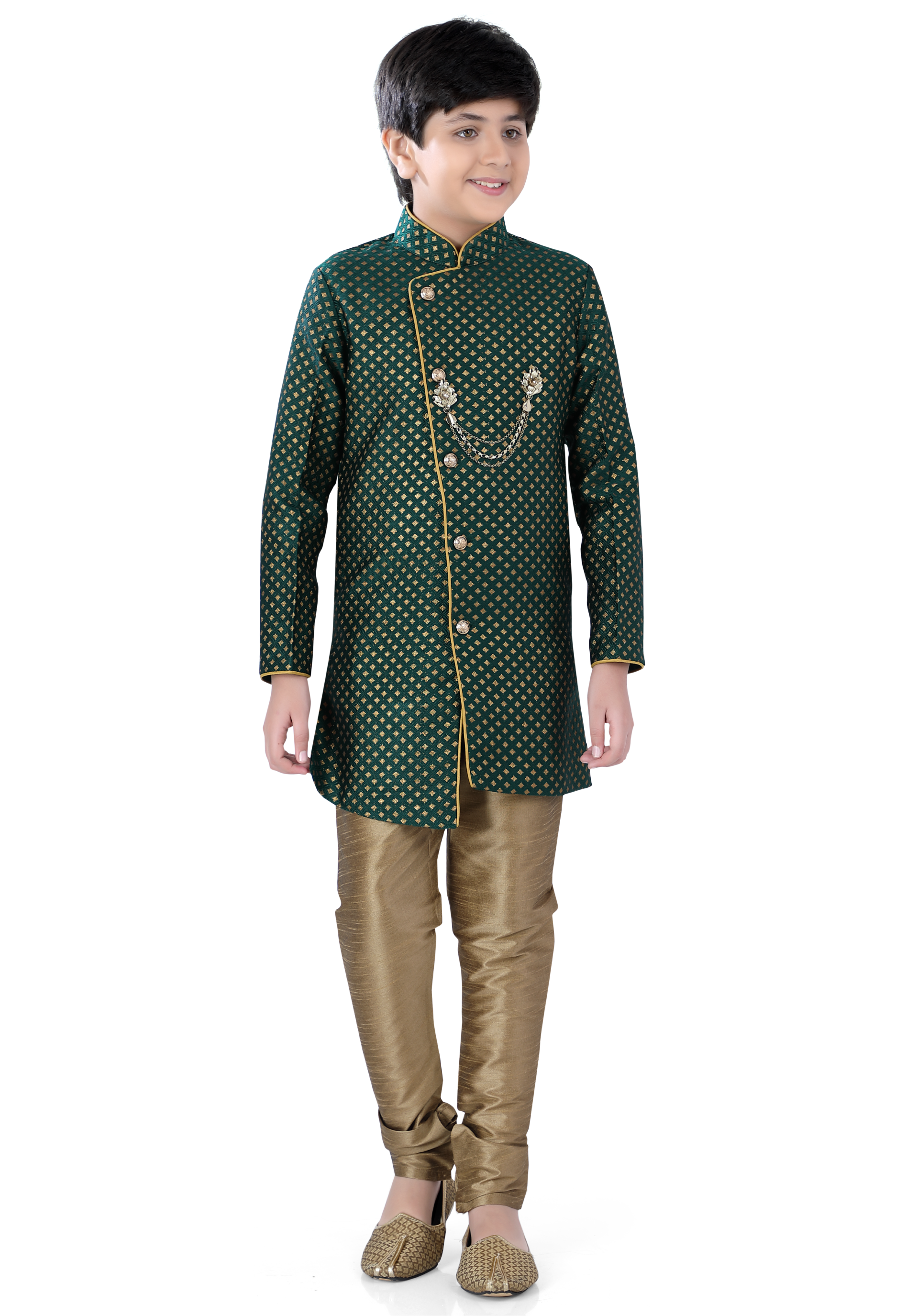 Boy's Dark Green Indo Western with Golden Weaving