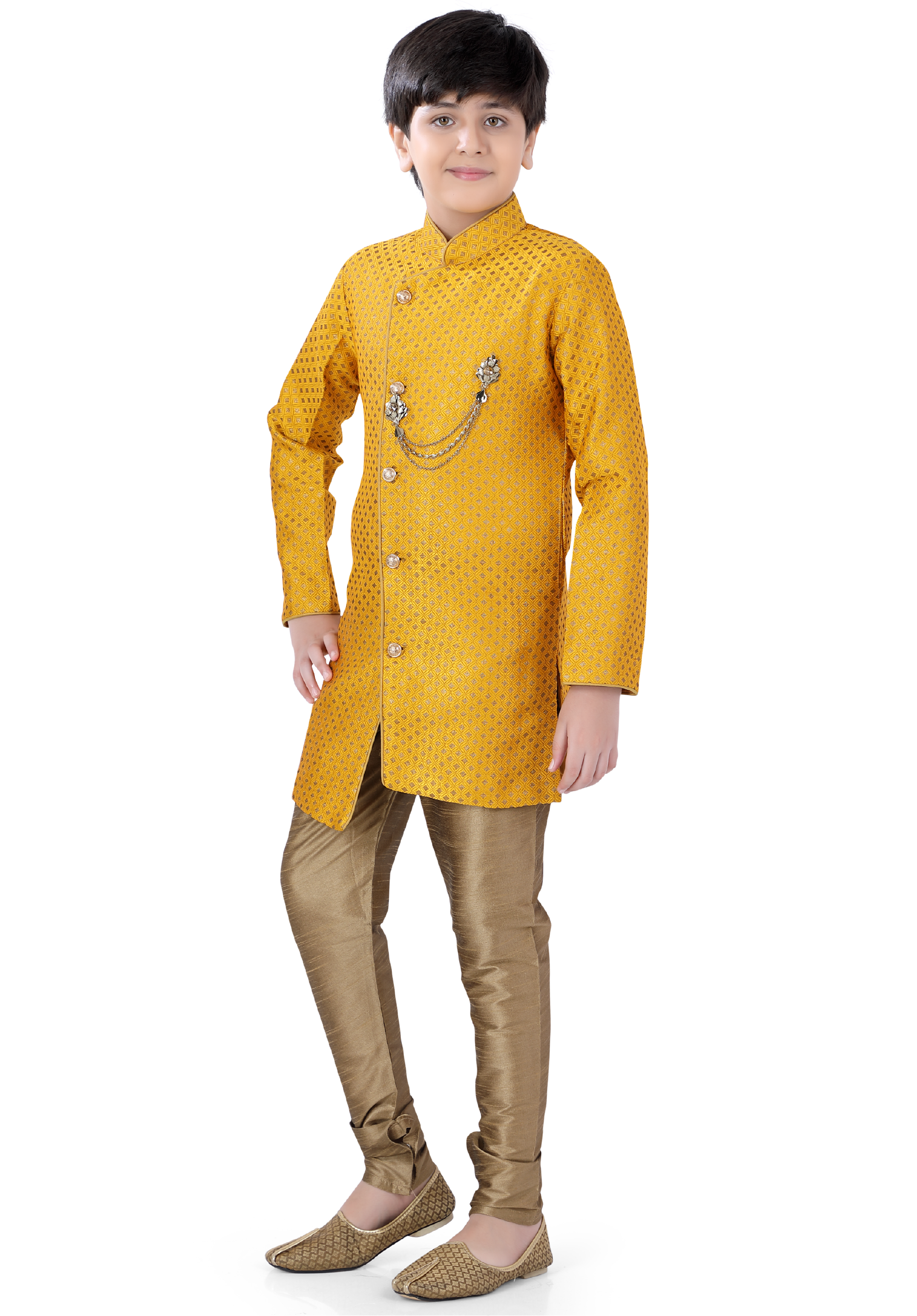 Boys Jacquard Indo Western Dress in Mustard Yellow Color with Golden Churidar
