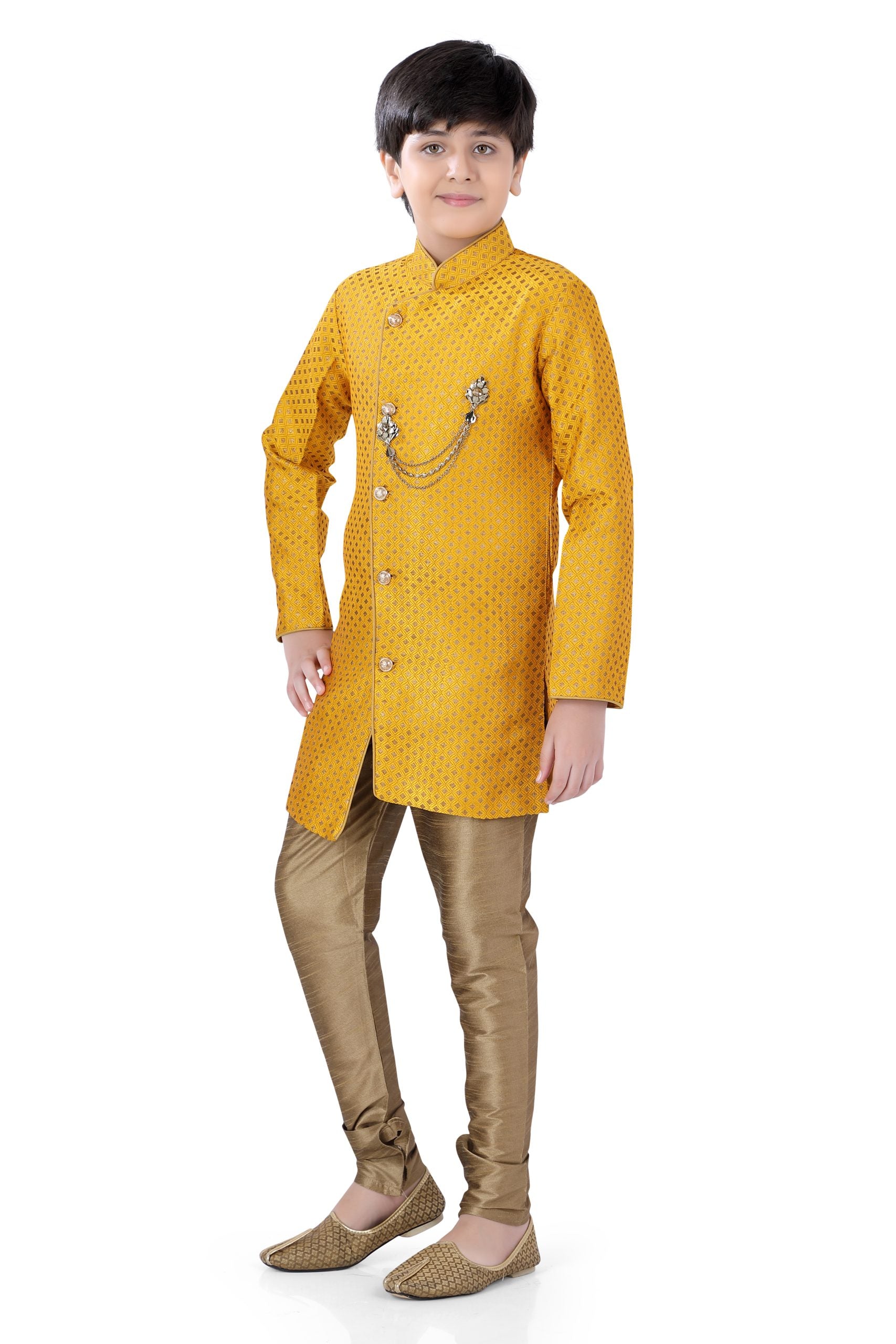 Boys  Indo-western Mustrad Yellow  Jacquard with Golden Churidar