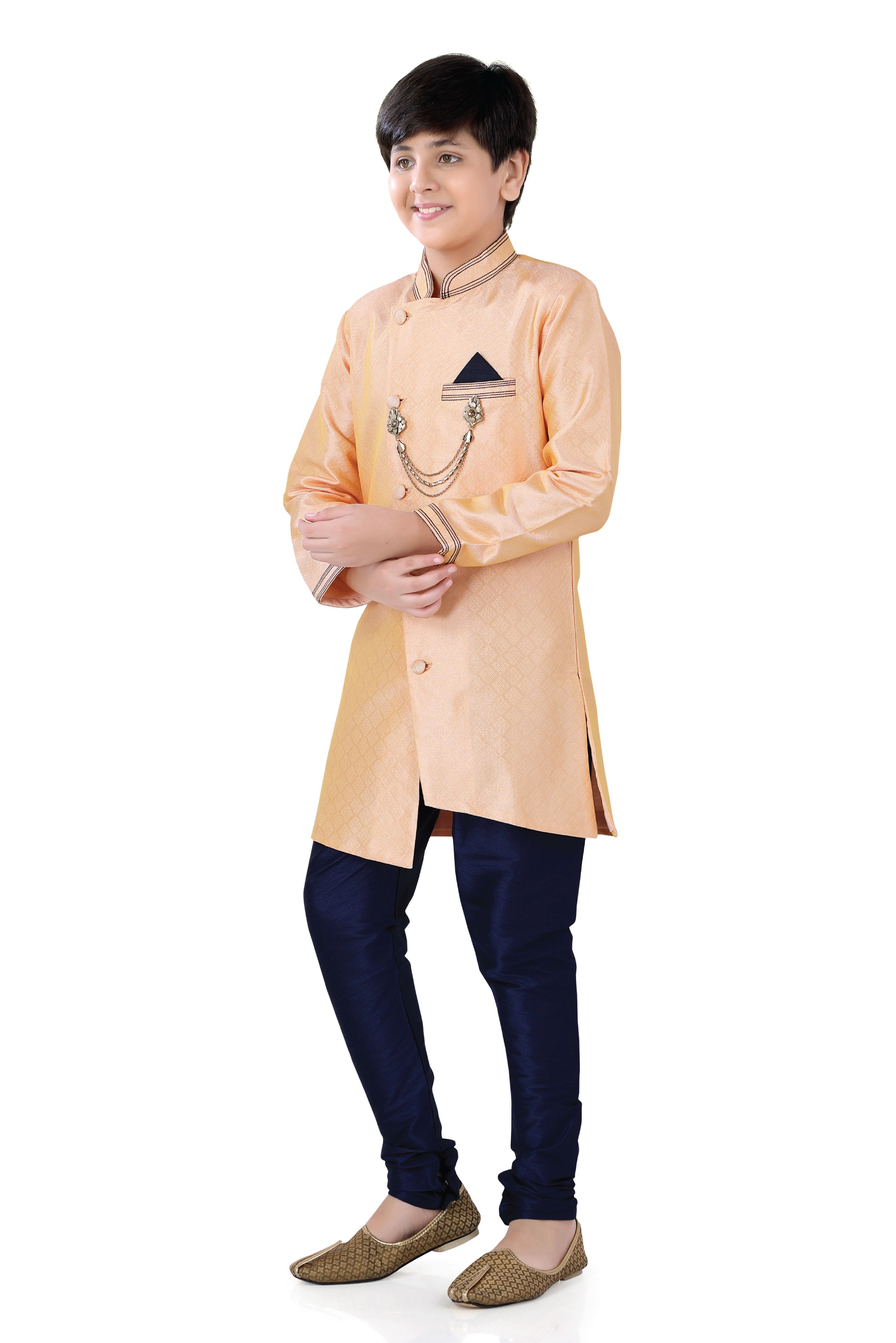 Boys Indo-western Apricot Peach Jacquard with Dark Blue Churidar