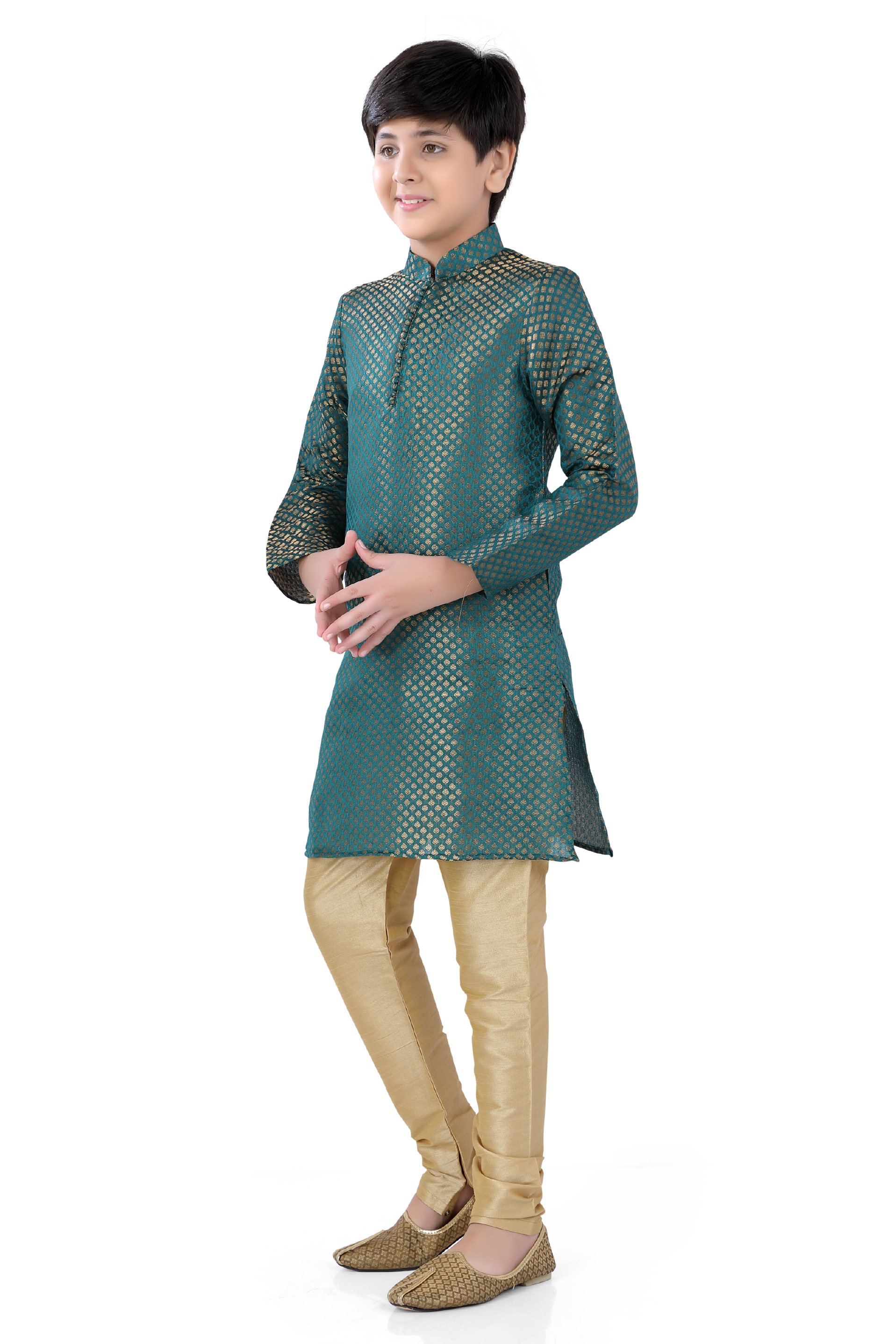 Boys Banarasi Silk Dress Set in Teal Green
