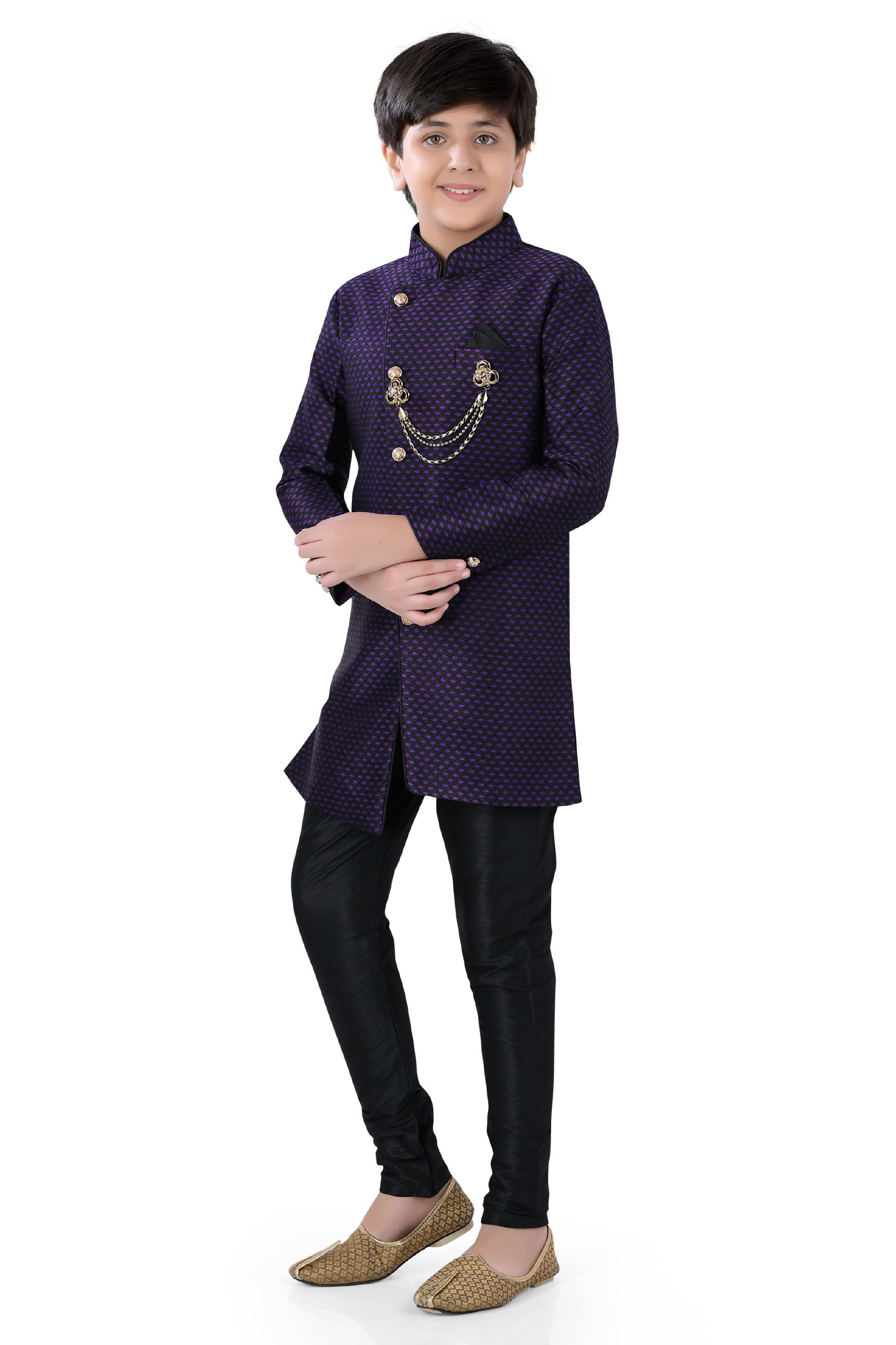 Boys Indo-western Dress in Navy Blue Jacquard With Black Churidar - Premium 2 Pieces Indo western from Dapper Ethnic - Just $75! Shop now at Dulhan Exclusives
