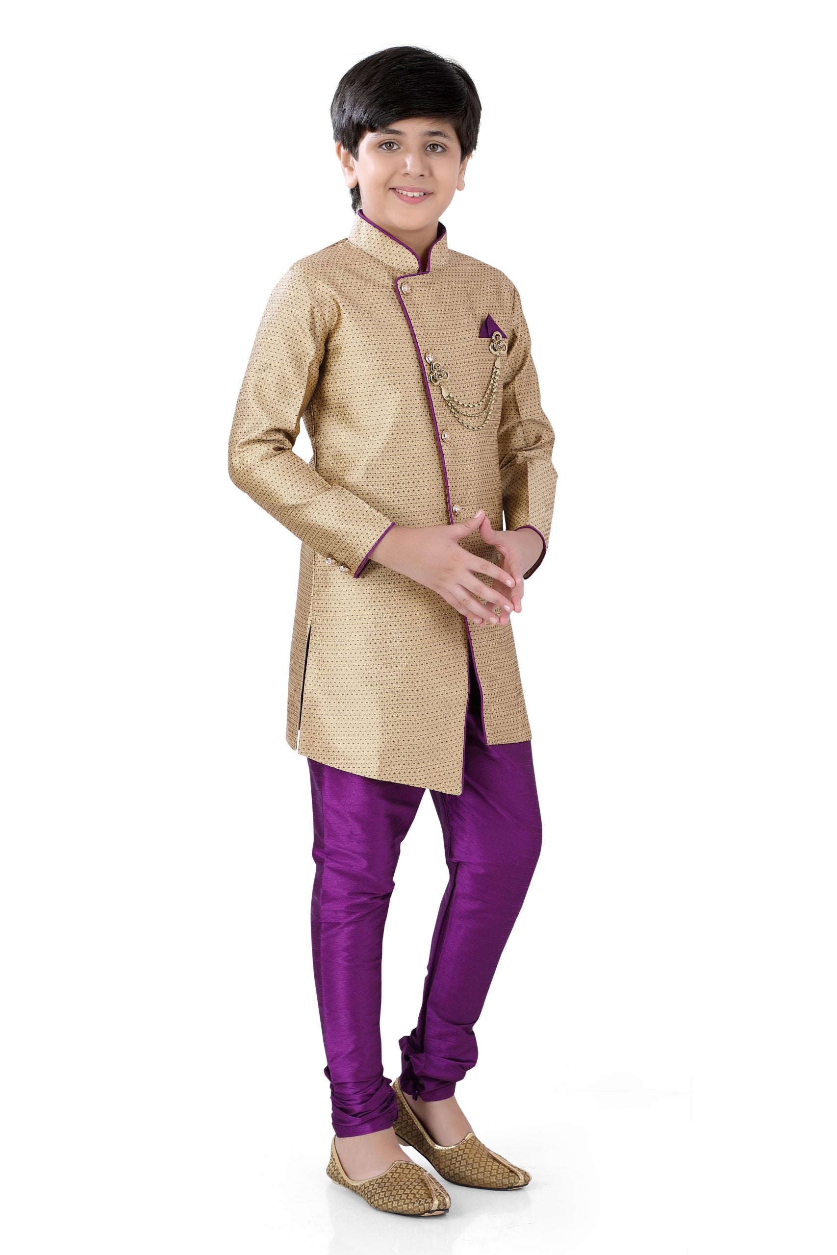 Boys Indo-western Cream with Purple Print and Purple Lower