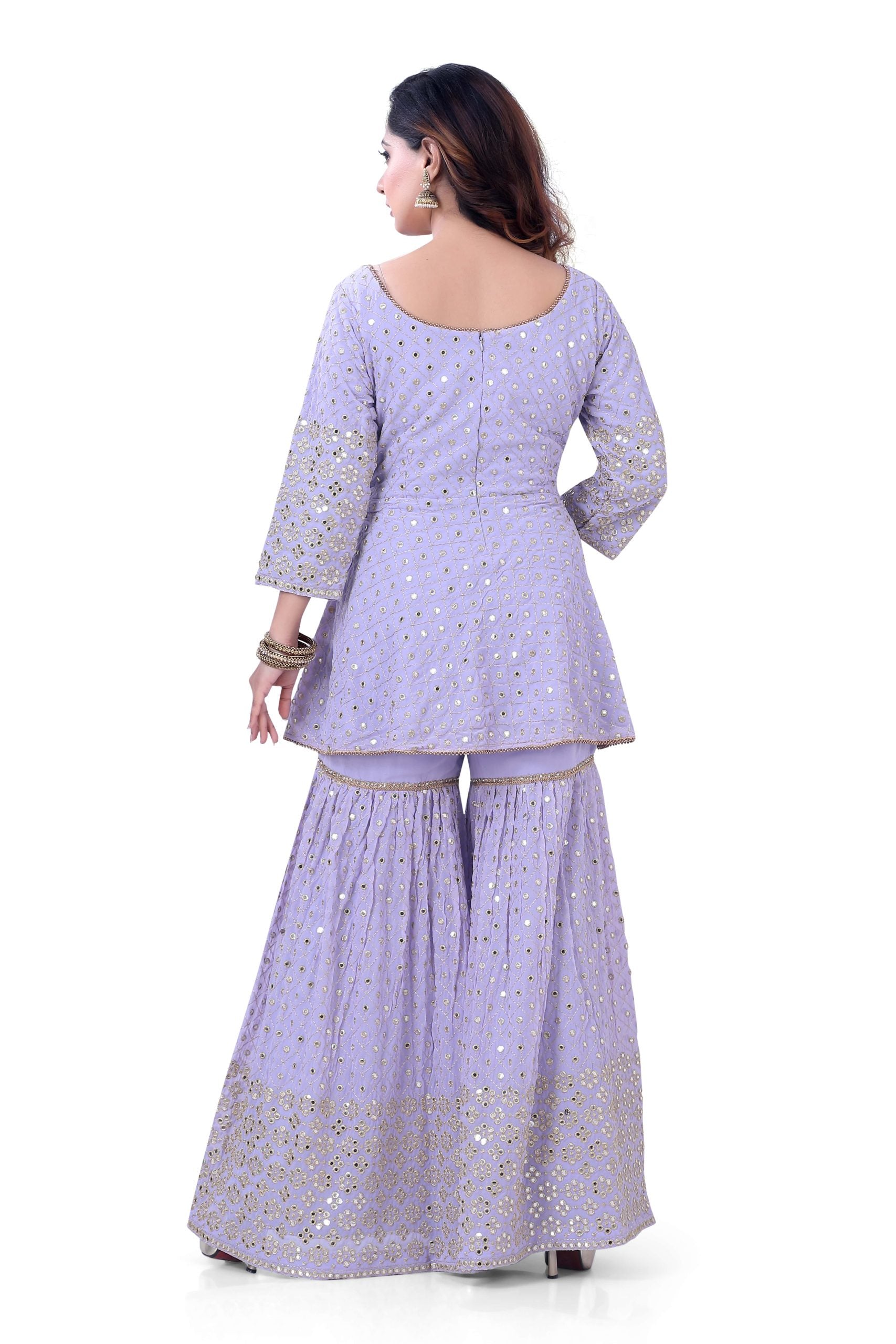 Heavy worked Short Aanarkali  with Sharara in Lavender Colour