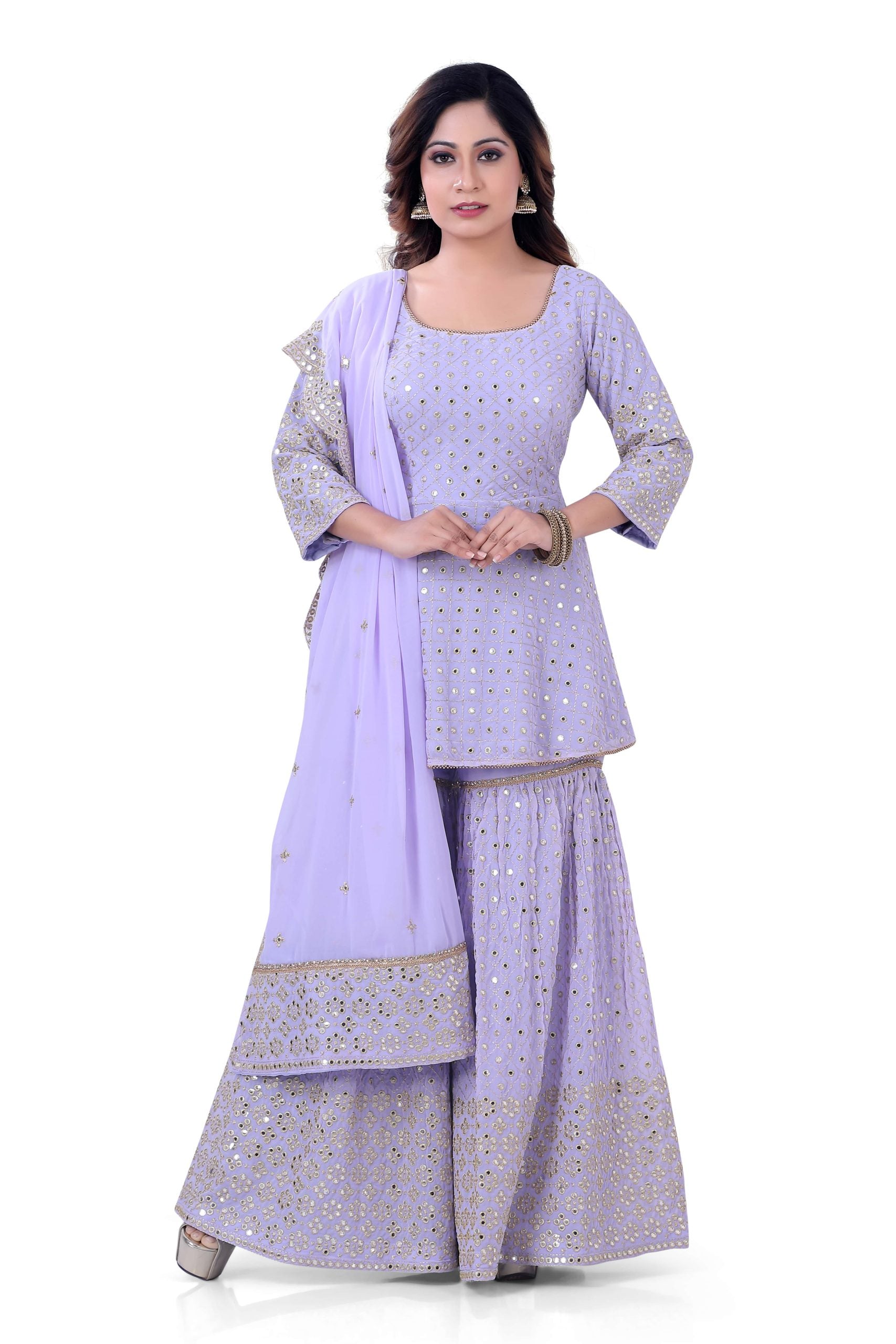 Heavy worked Short Aanarkali  with Sharara in Lavender Colour