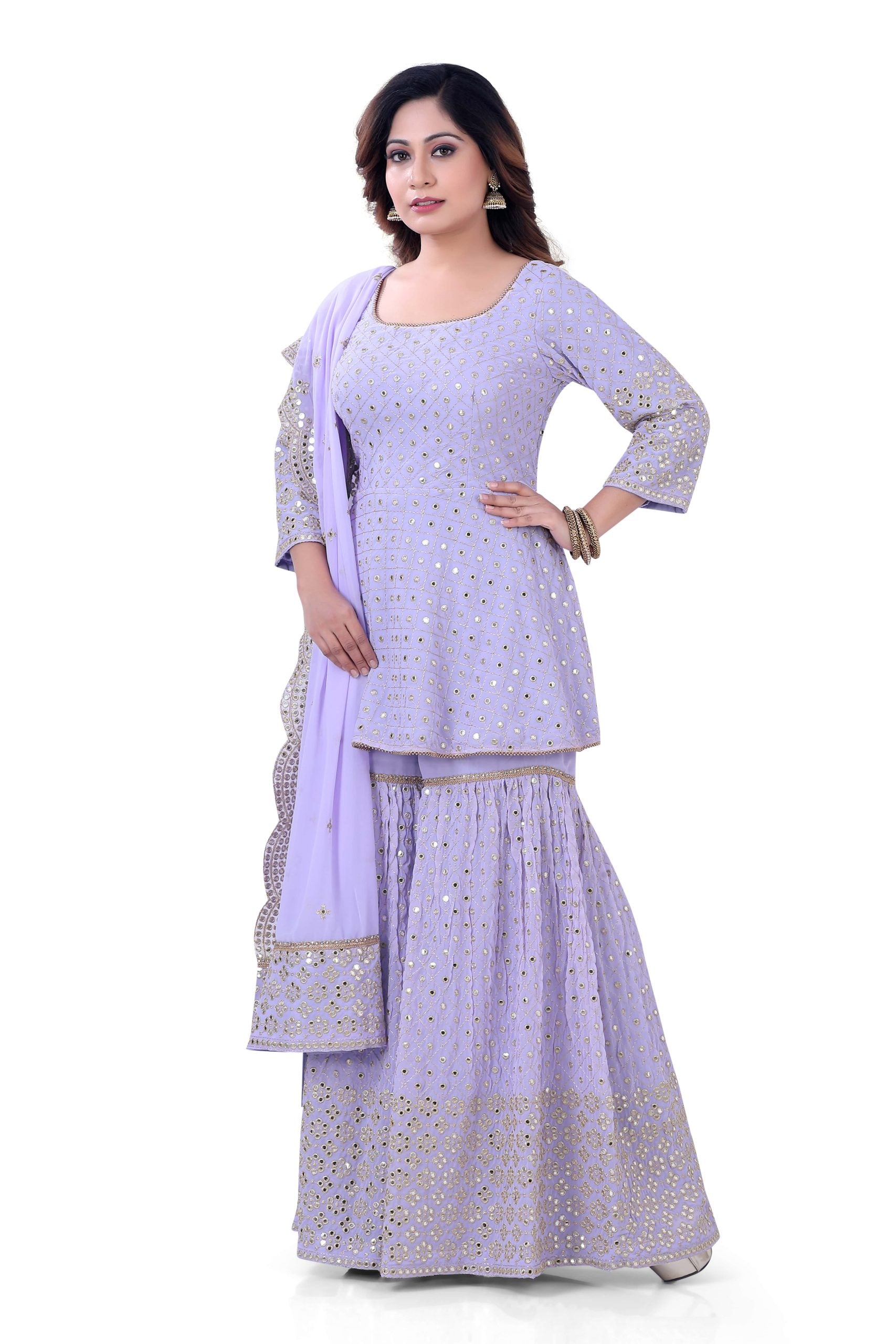 Heavy worked Short Aanarkali  with Sharara in Lavender Colour