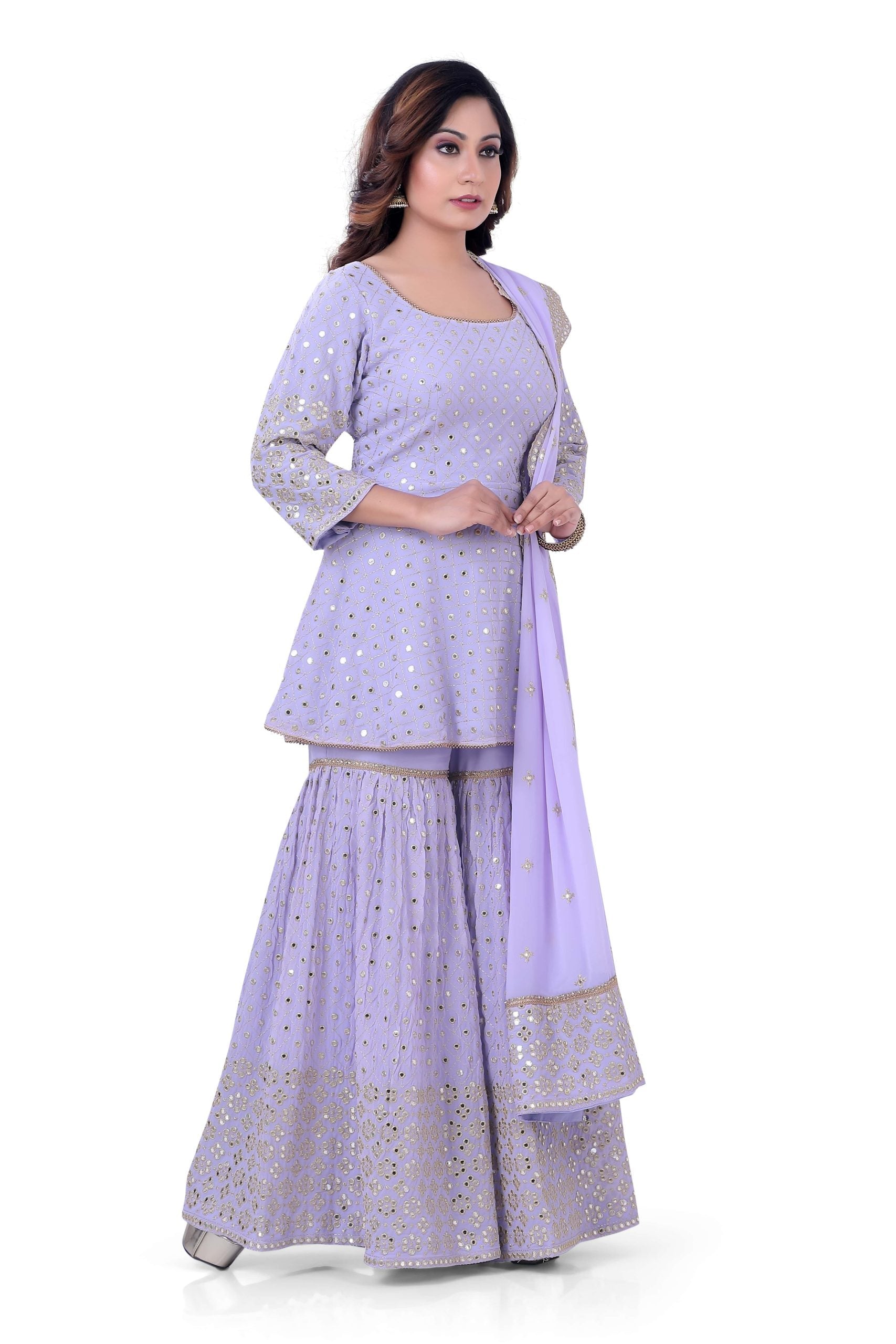 Heavy worked Short Aanarkali  with Sharara in Lavender Colour