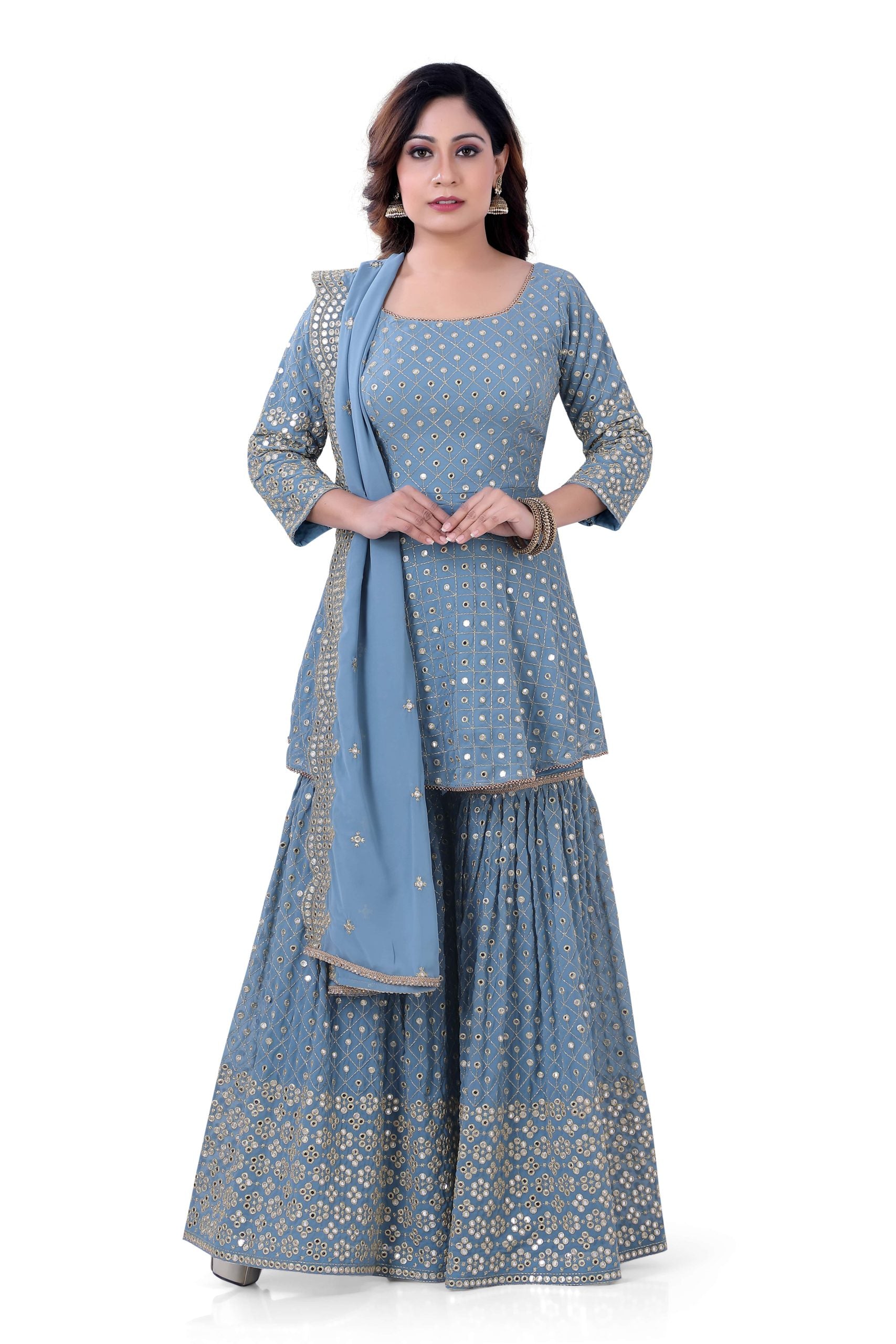 Dusty Blue Georgette Sharara Style Suit