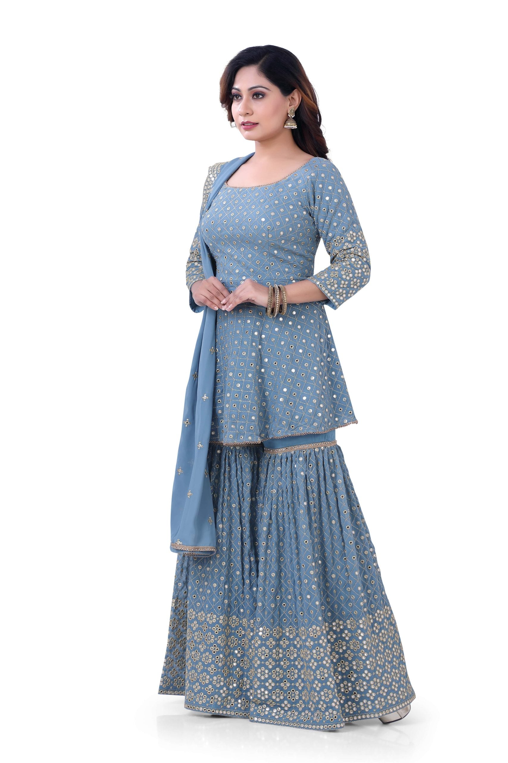 Dusty Blue Georgette Sharara Style Suit