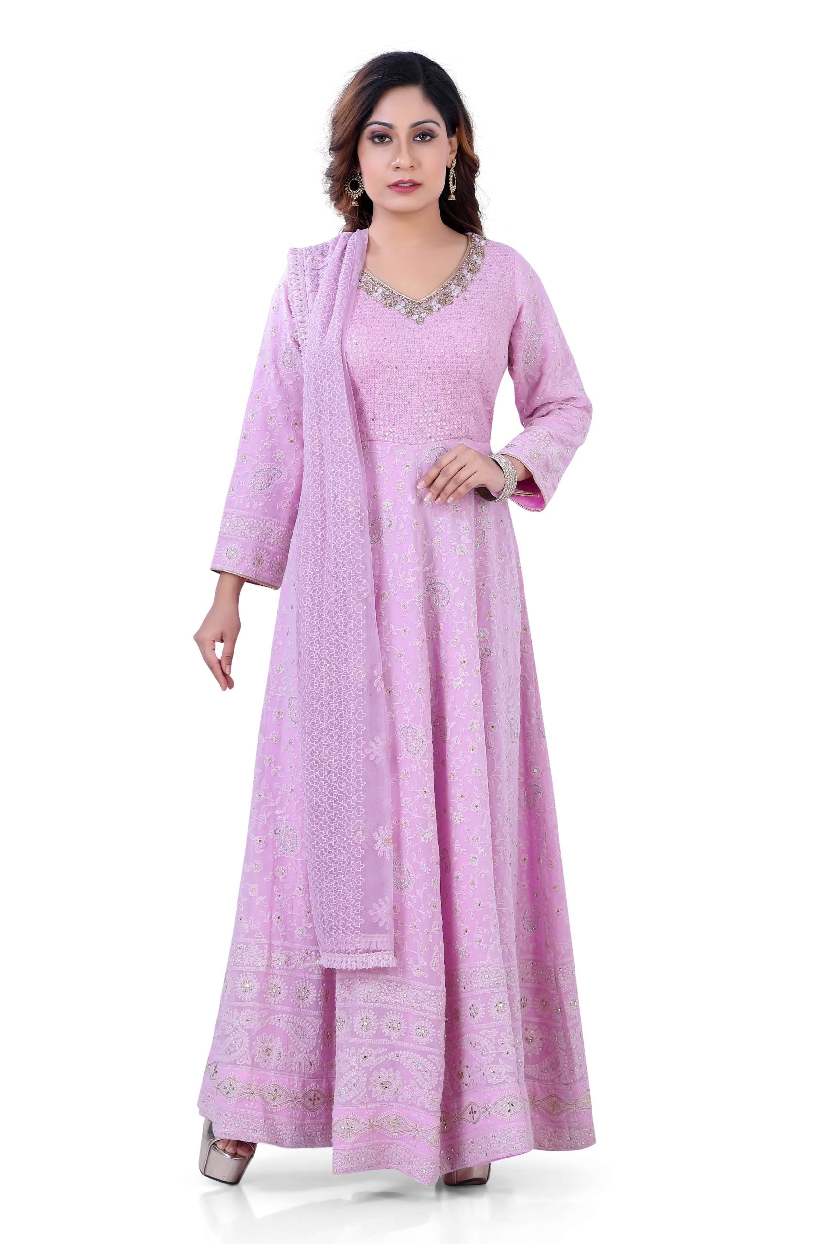 Lucknowi Georgett Festive Wear Anarkali Gown in Light Purple
