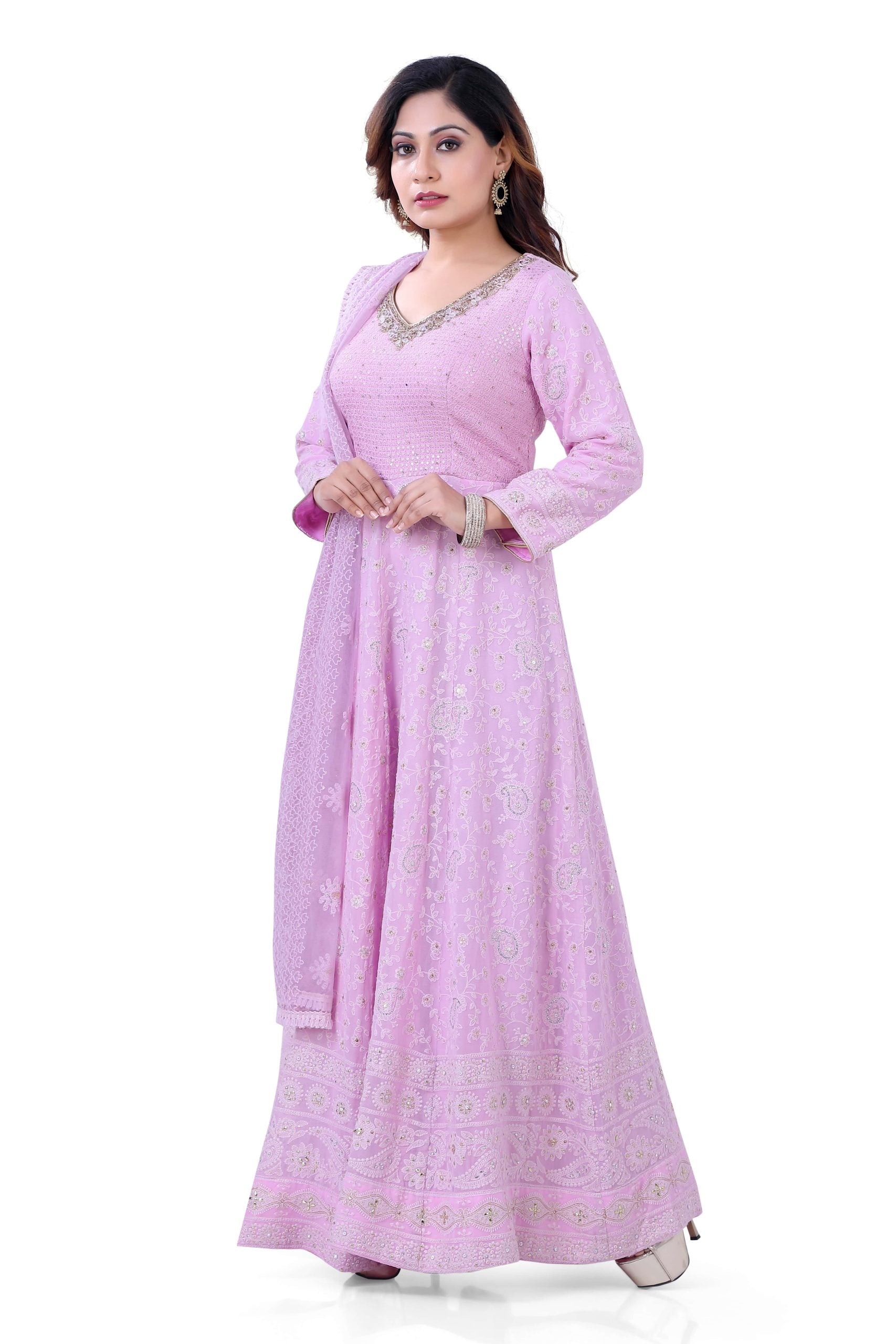 Lucknowi Georgett Festive Wear Anarkali Gown in Light Purple