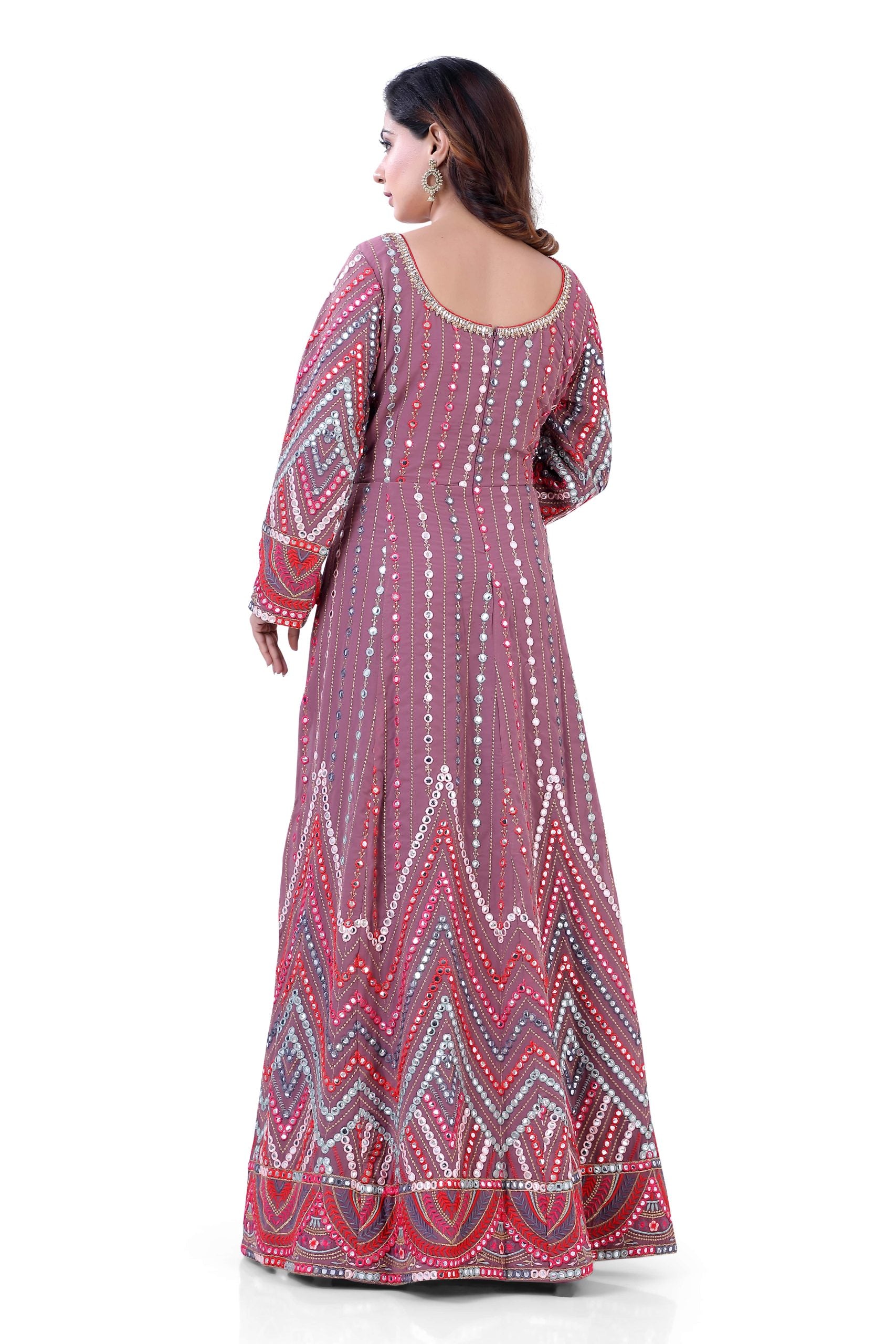 Partywear Dark Onion Pink Georgette Base Mirror Work Gown