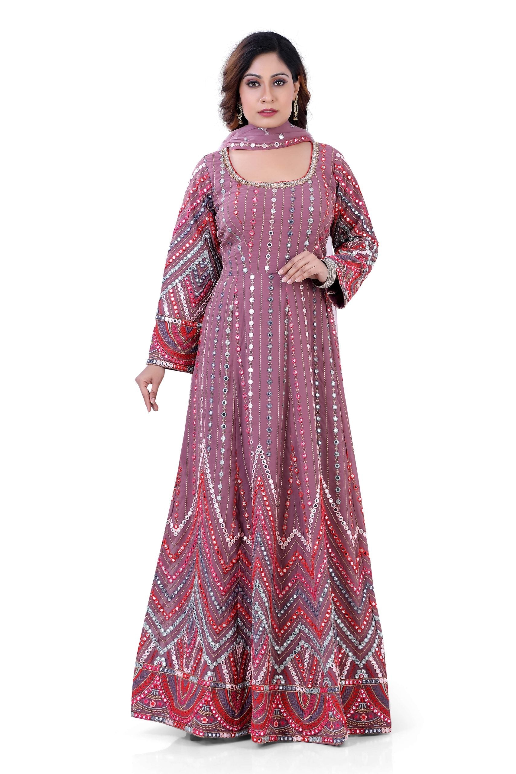 Partywear Dark Onion Pink Georgette Base Mirror Work Gown