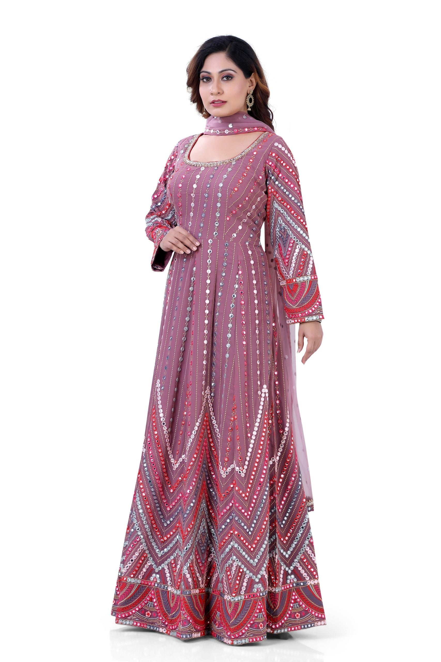 Partywear Dark Onion Pink Georgette Base Mirror Work Gown