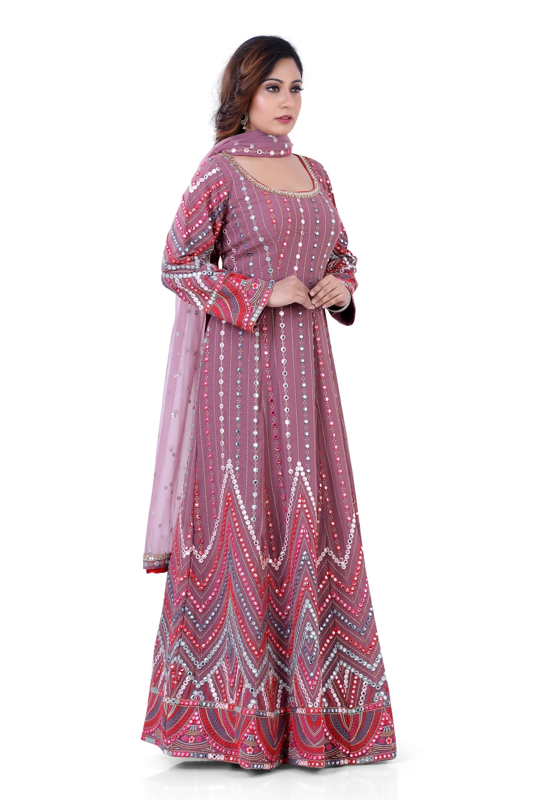 Partywear Dark Onion Pink Georgette Base Mirror Work Gown