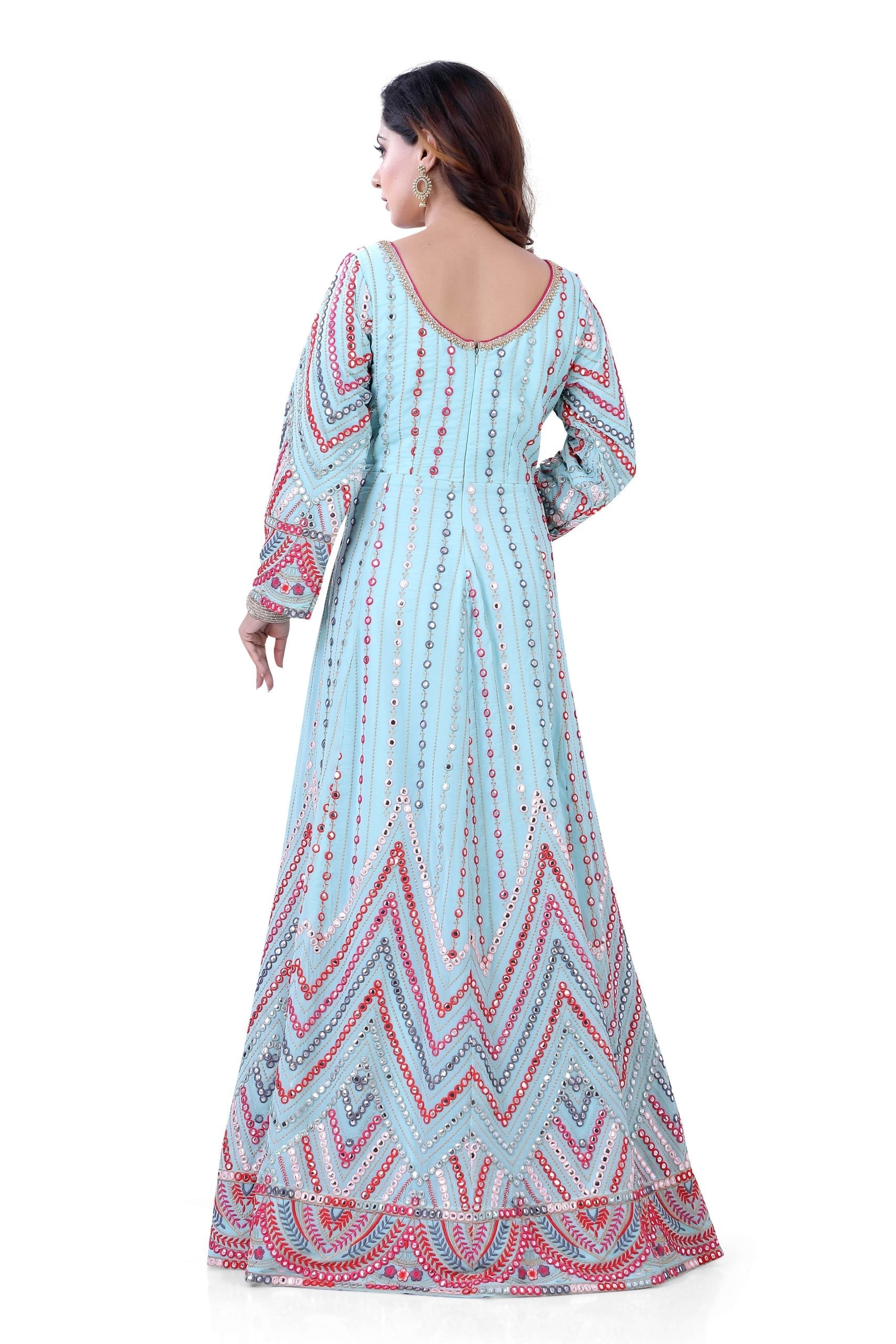 Partywear Sky Blue Georgette Base Mirror Work Gown