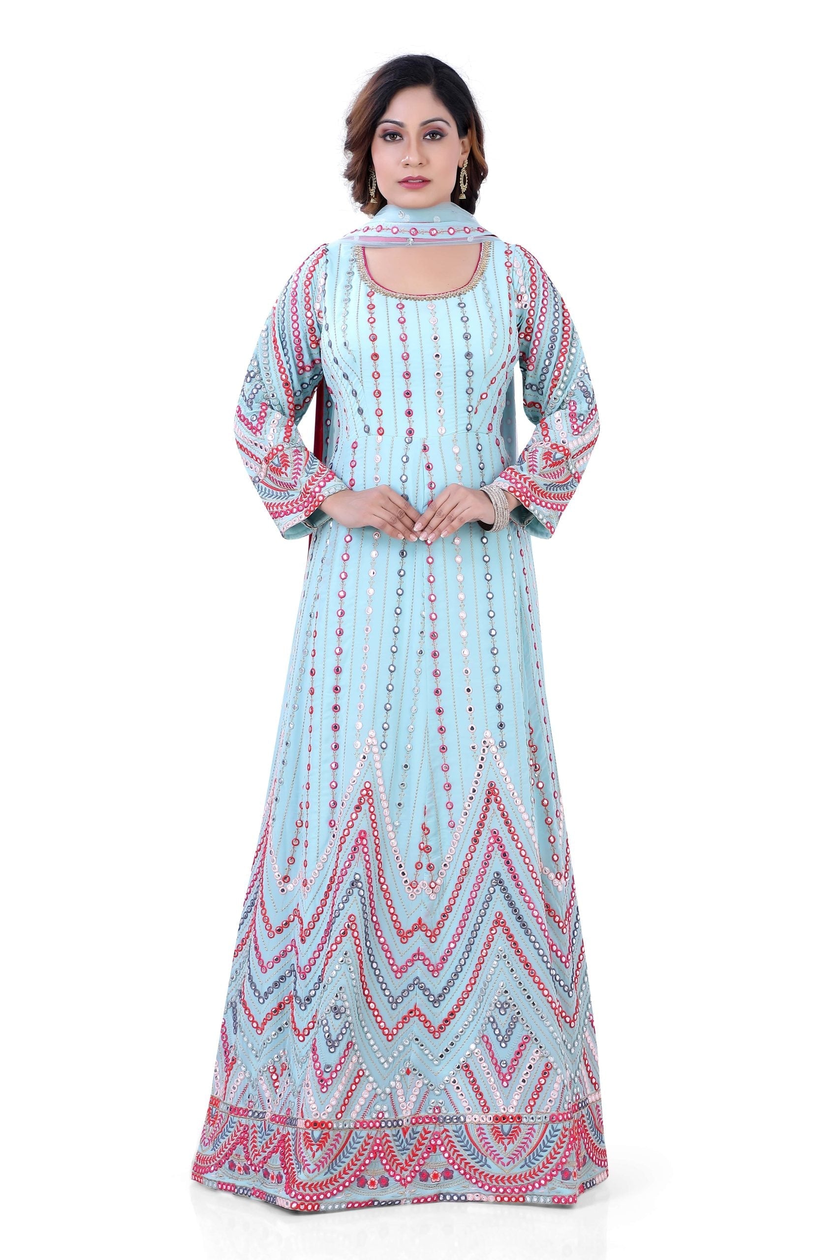 Partywear Sky Blue Georgette Base Mirror Work Gown