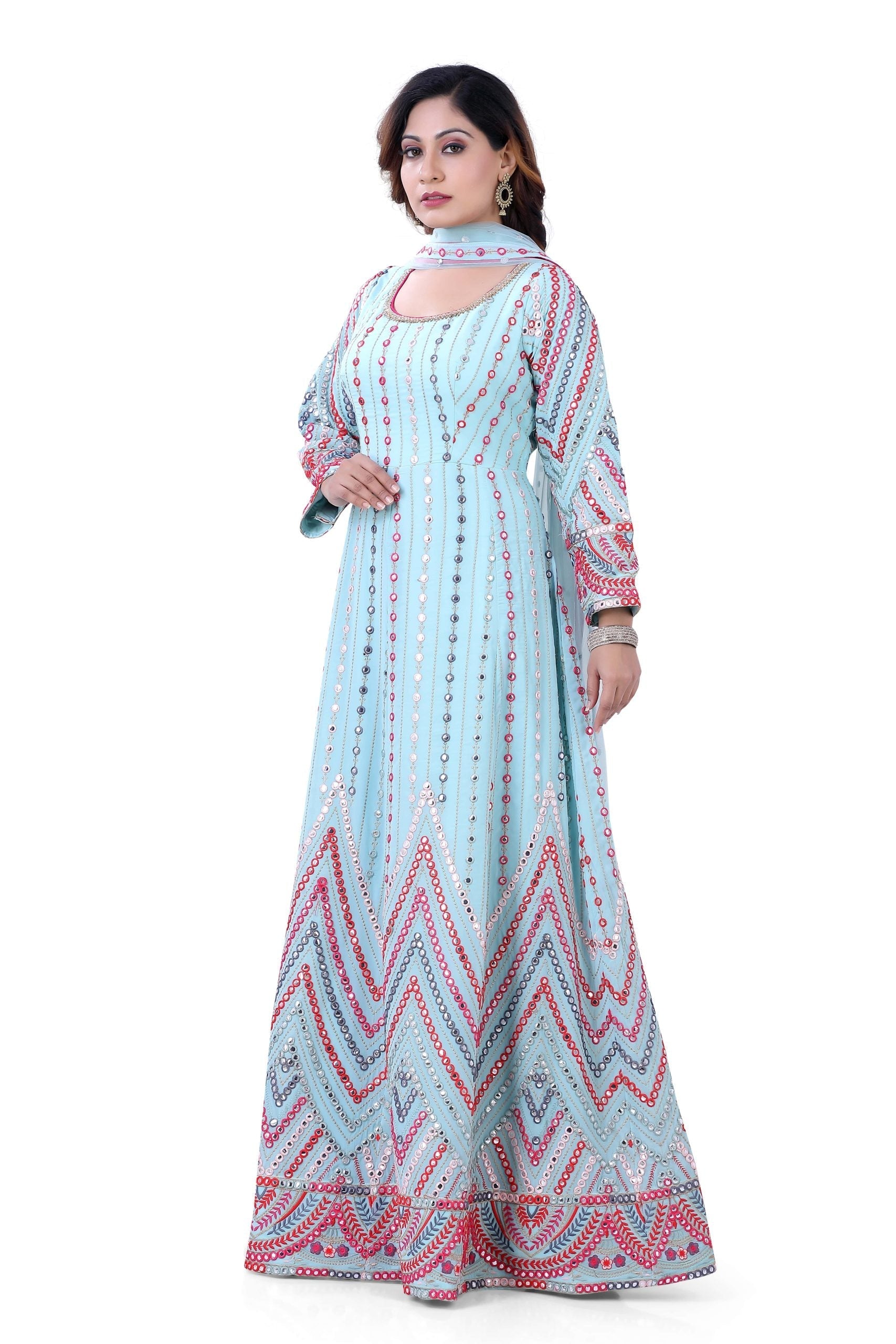 Partywear Sky Blue Georgette Base Mirror Work Gown