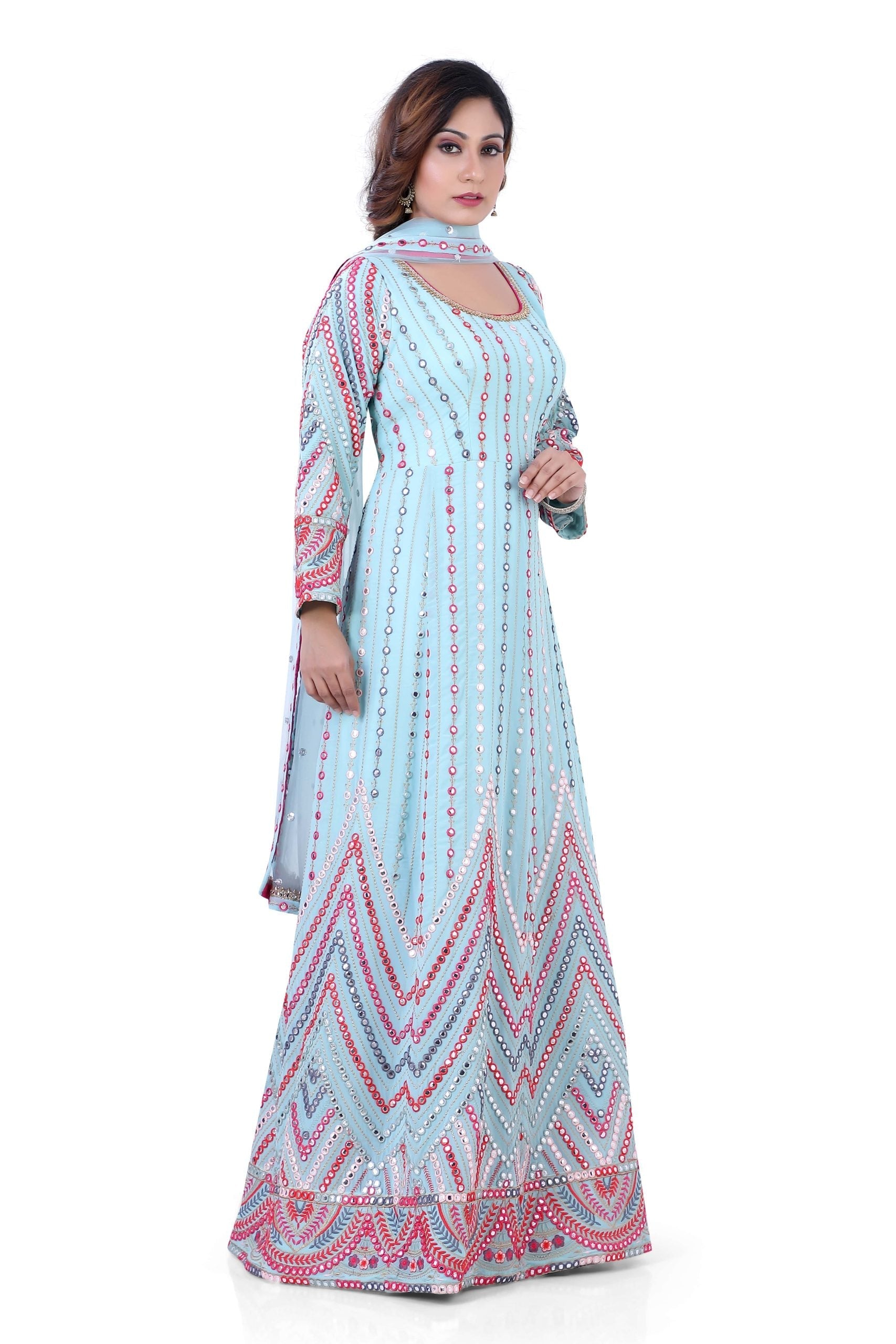 Partywear Sky Blue Georgette Base Mirror Work Gown