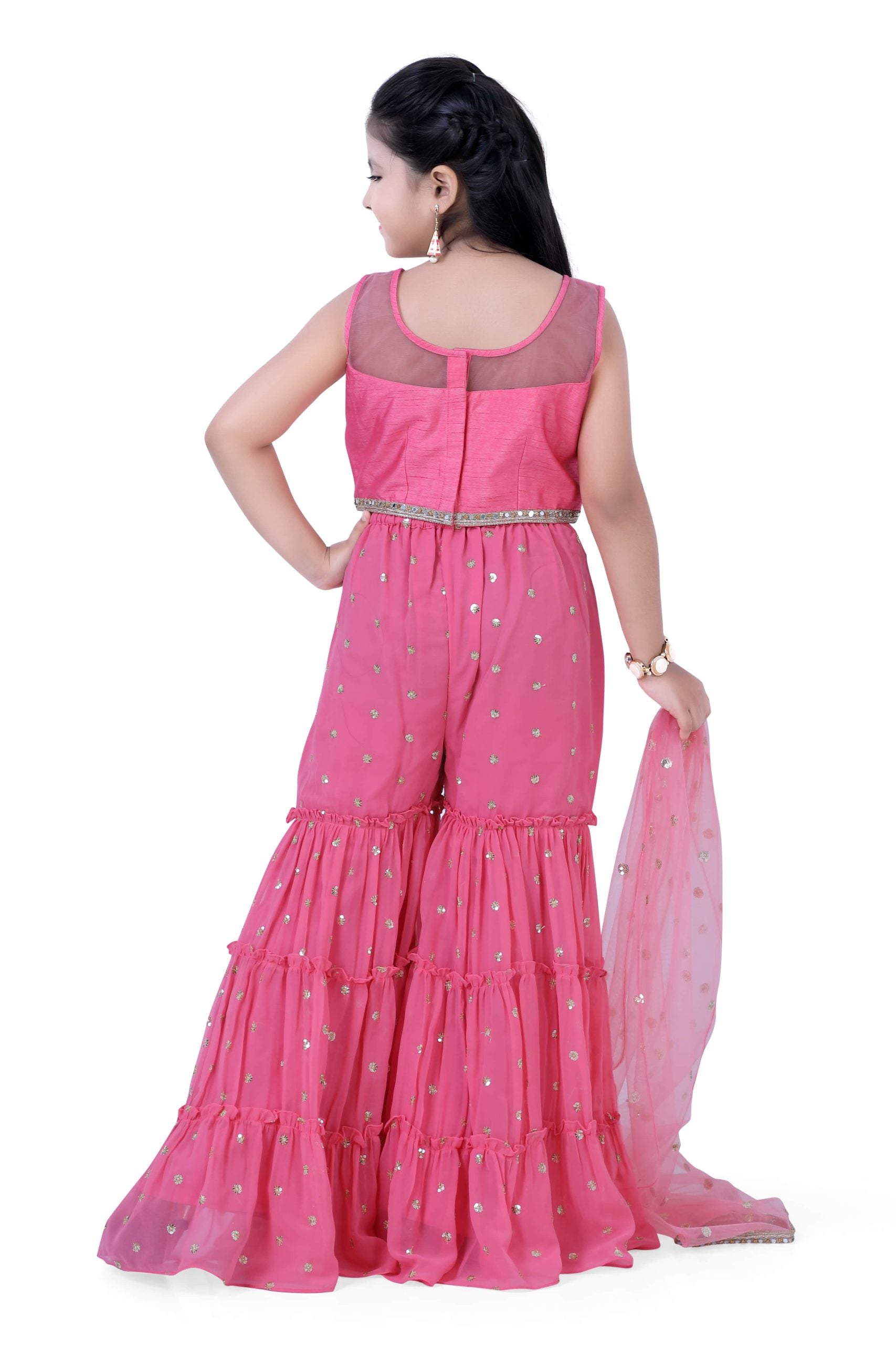 Girls Top & Gazing Palazzo With Dupatta in Rose Pink Color